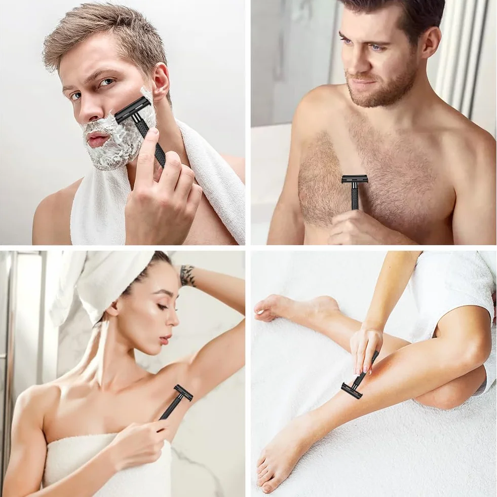 URAQT Maszynka do golenia męska, 2-stronna głowica, Safety Razor, golarka na mokro ze stali nierdzewnej, wysokiej jakości maszynka do golenia w stylu vintage, z 10 ostrzami do golenia, etui podróżnym
