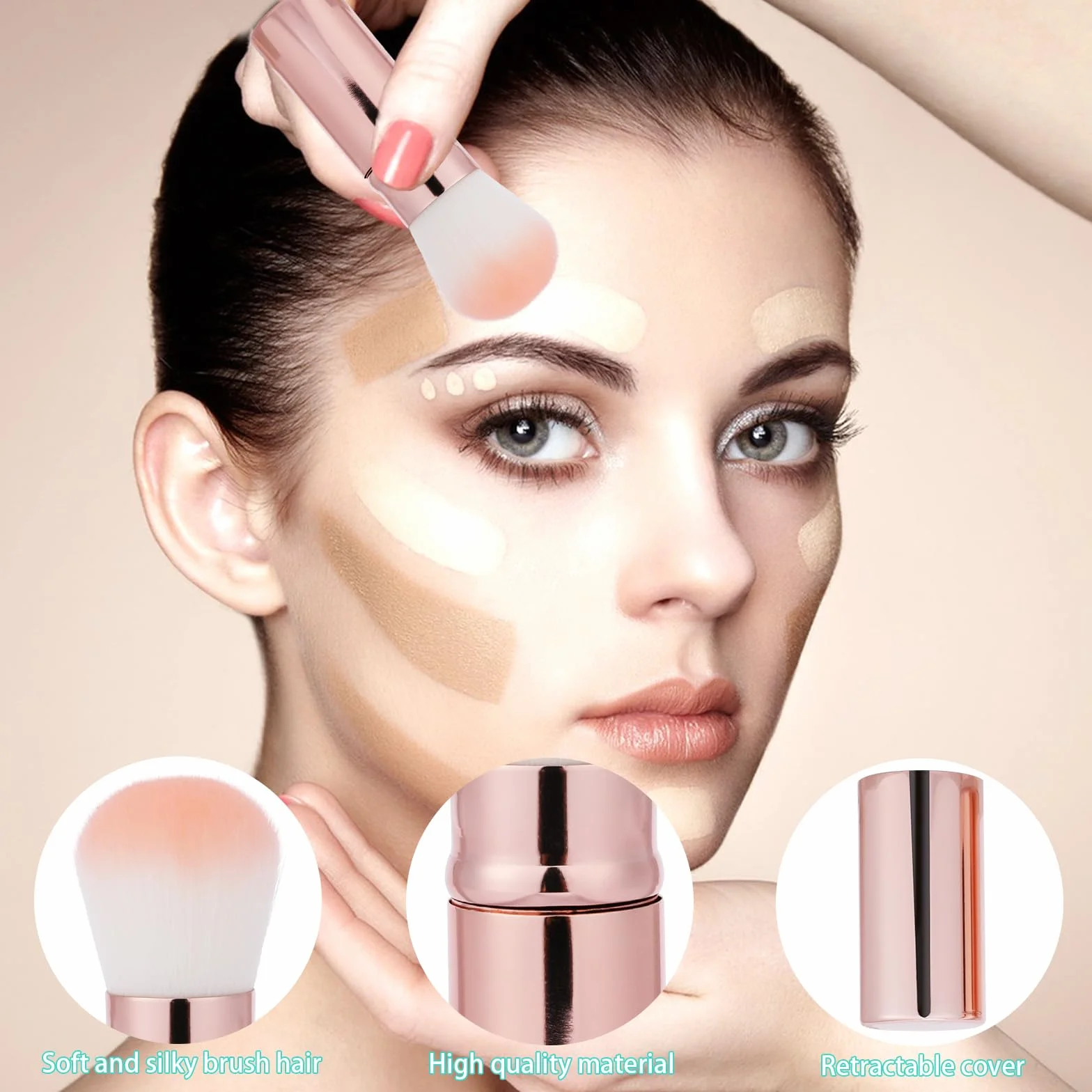 2-pak wysuwanych pędzli do różu i pędzla Kabuki z osłoną, przenośny pędzel podróżny do płynnego podkładu, pudru i bronzera, profesjonalny blender do twarzy i korektor dla kobiet i do codziennego