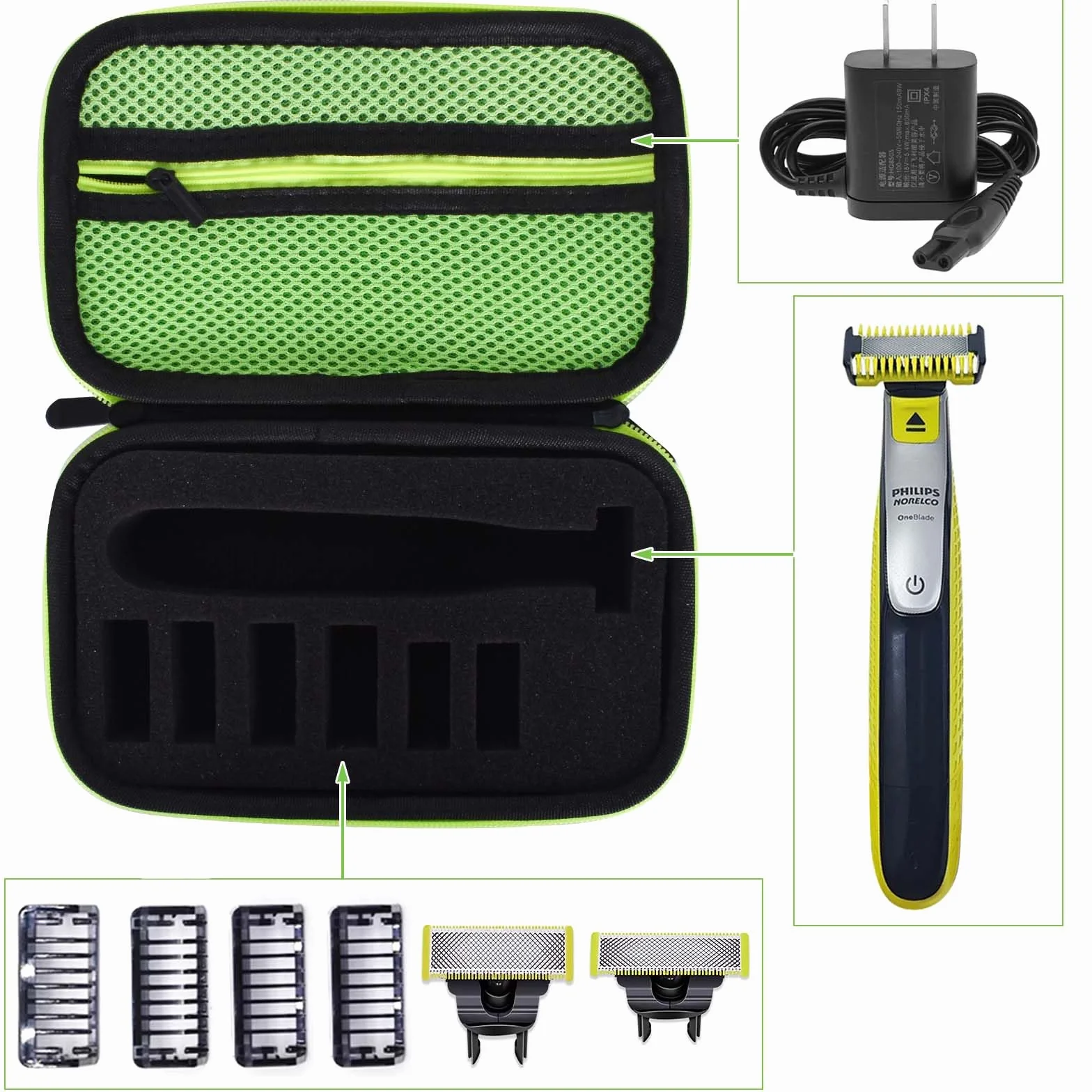 Naapesi Przenośne etui do golenia dla mężczyzn O Blade QP2520 QP2530 twarde podróżne odporne na wstrząsy zielone
