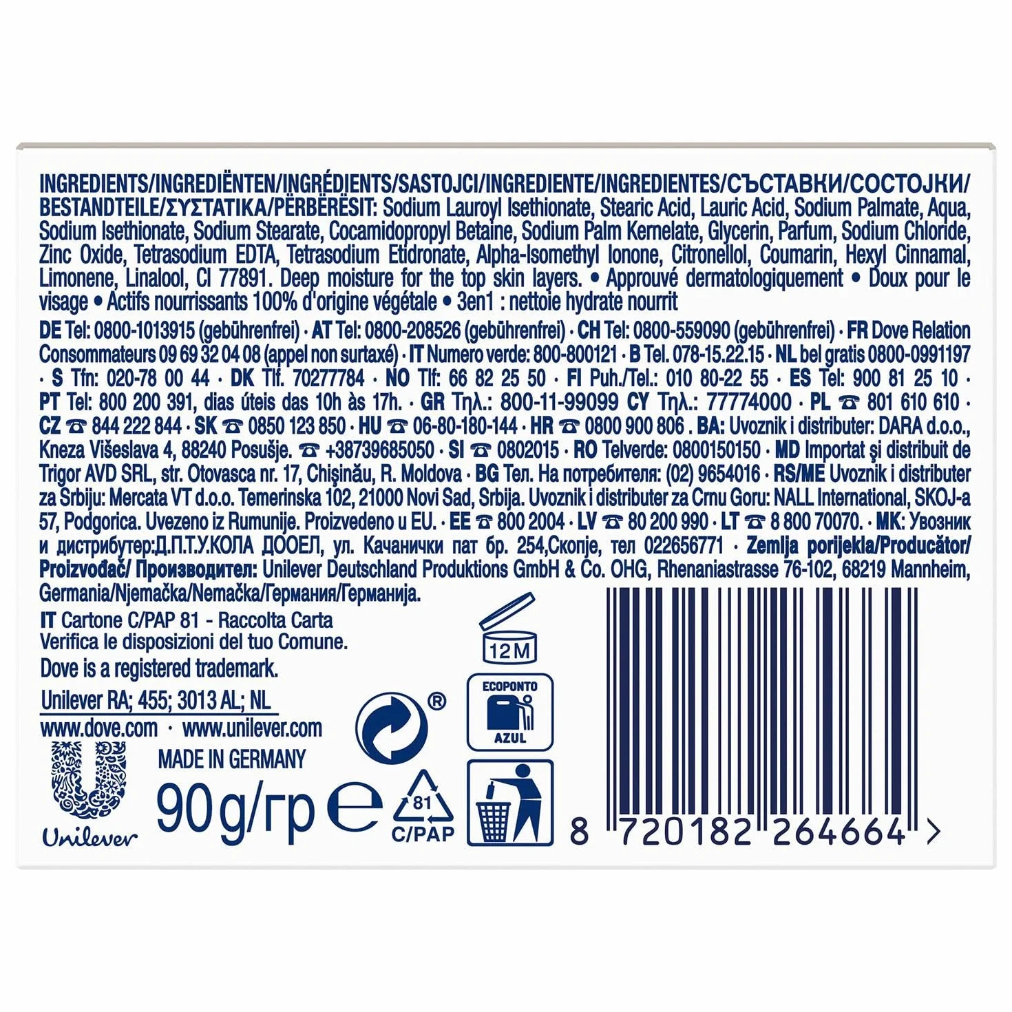 Dove krem kosmetyczny 3 w 1 oczyszcza nawilża odżywia mydło do kąpieli 4x90 g