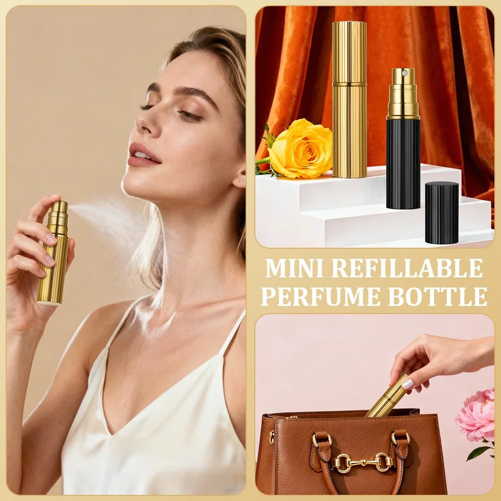 AUYAO Pusta butelka na perfumy, 5 ml, pusty rozpylacz, przenośna pusta butelka na perfumy, mini pusta butelka podróżna dla kobiet i mężczyzn, do torebki, (złota)
