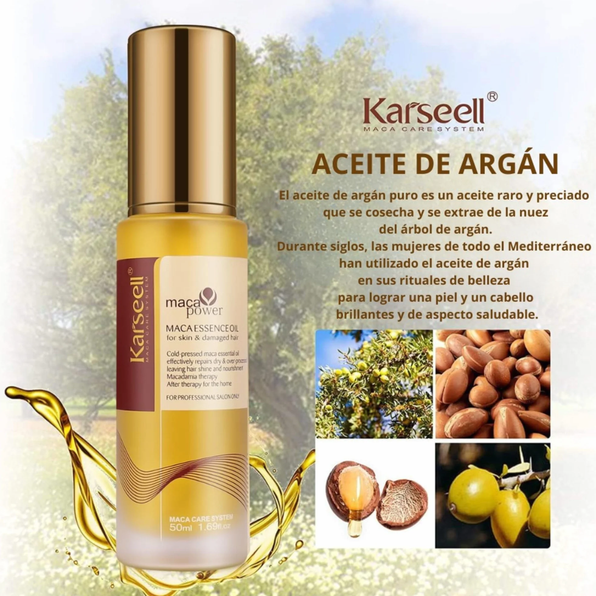Karseell MACA CARE SYSTEM Serum Arganowe do Włosów i Skóry z Kolagenem Regeneracja Suchych Zniszczonych Włosów Antypuszenie Nawilżenie Blask Paznokcie Bez Spłukiwania Wszystkie Typy Włosów 50ml