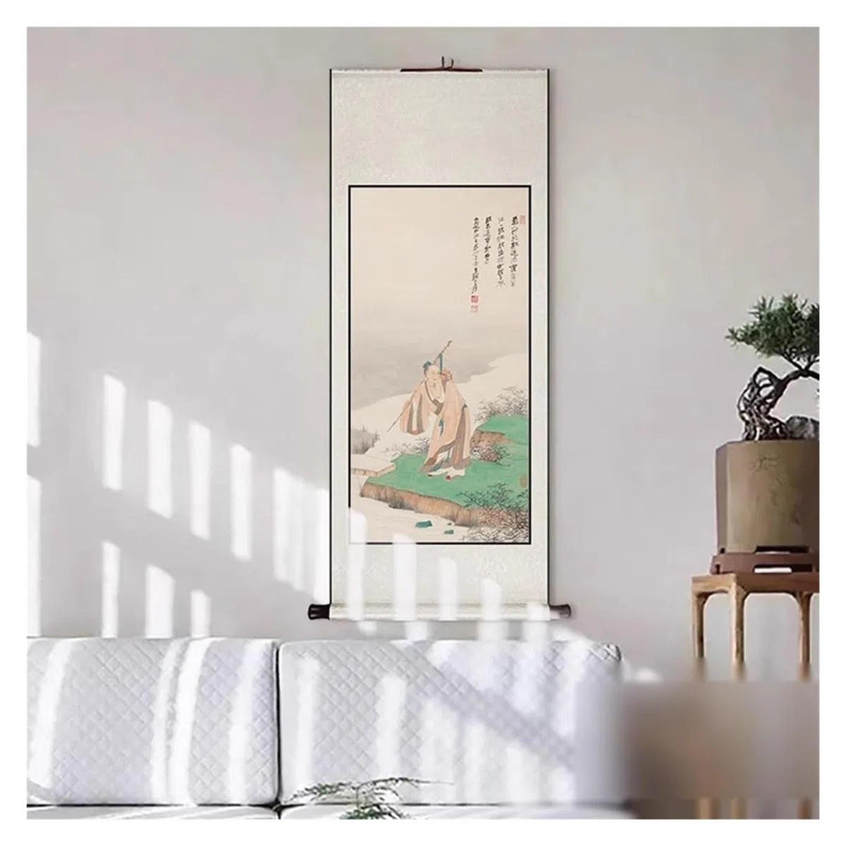 Starożytne malowidło figuralne, chiński ręcznie robiony pionowy wystrój, wiszące dekoracje biurowe Feng Shui, dzieło sztuki gotowe na prezent(Creamy white B,79L x 186W cm)