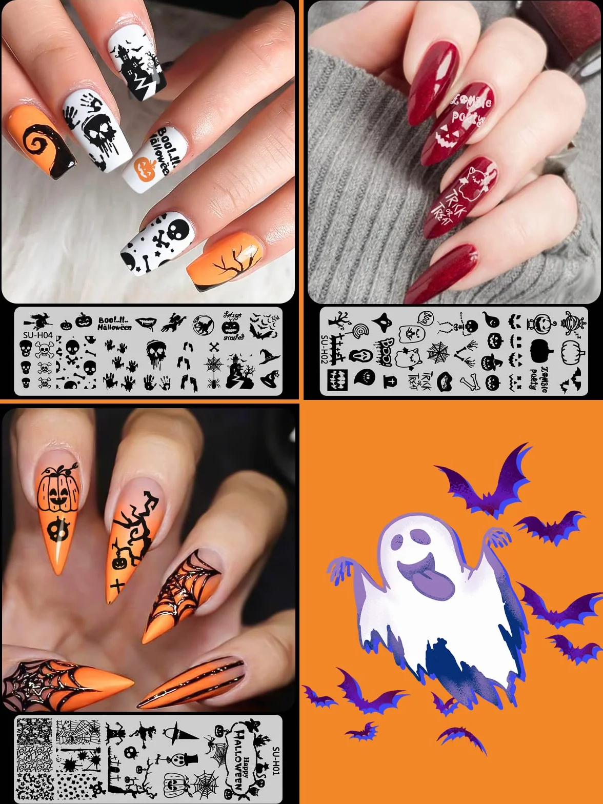 EBANKU 6 szablonów do stempli do paznokci, płytki do stemplowania paznokci, Halloween, czaszka ducha, pajęczyna, dynia, manicure, szablony do manicure, z 1 stemplem + 1 skrobakiem + 1 woreczkiem do