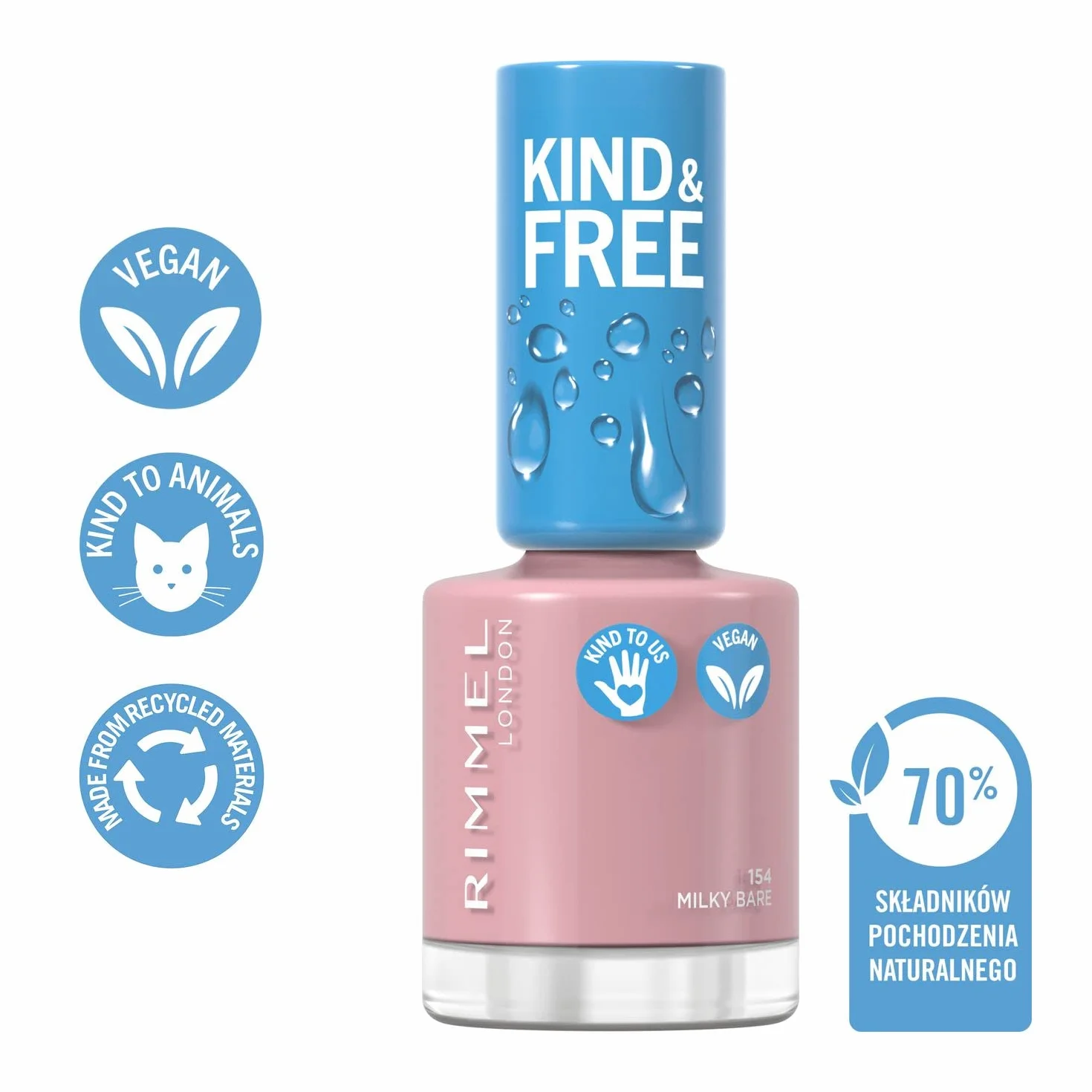 Rimmel KIND&FREE - wegański, wzmacniający lakier do paznokci, bezzapachowy, długotrwały, nr 154 Milky Bare, 8ml