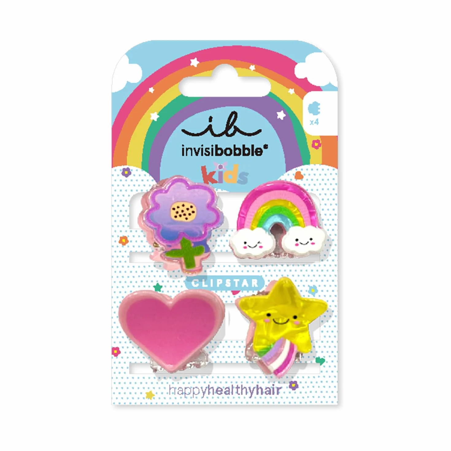 invisibobble Clistar Kids Happy World – 4 sztuki dziecięcych spinek do włosów – tęcza, gwiazda, serce i kwiaty – antypoślizgowe klipsy do włosów dla zdrowych włosów – idealne dla dziewcząt