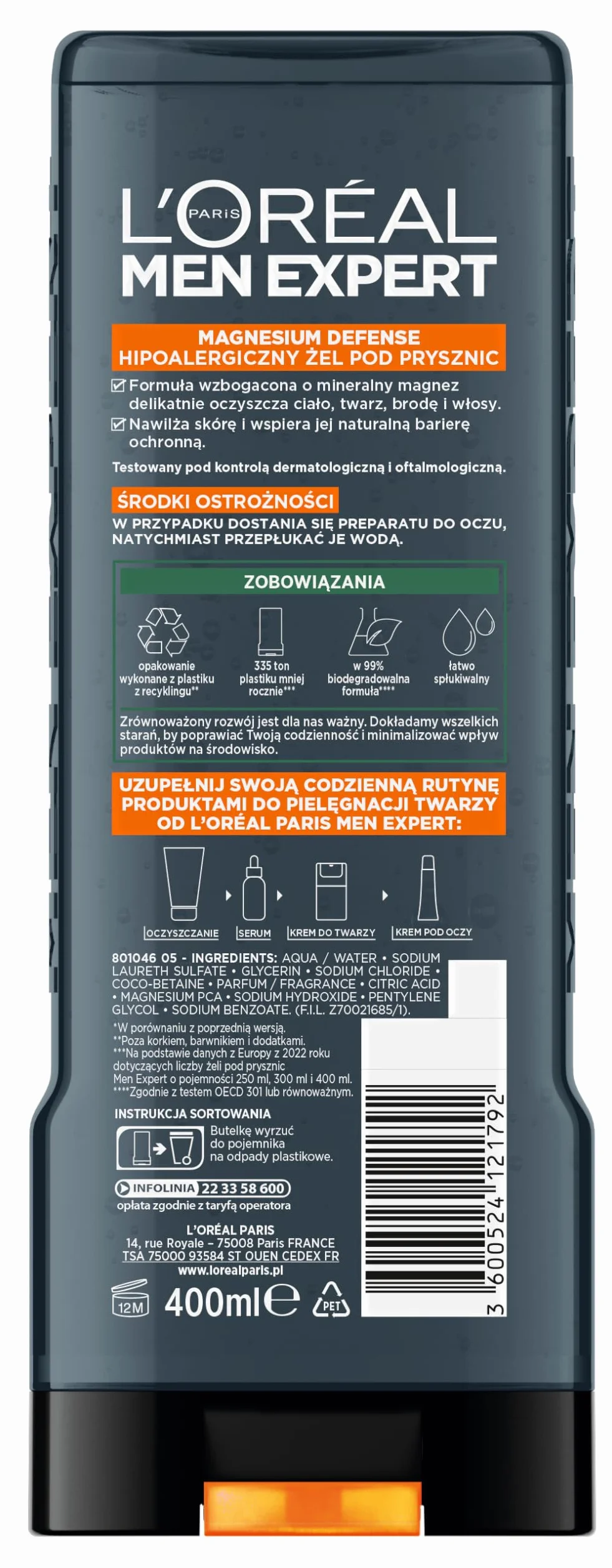 L'Oréal Paris Men Expert Magnesium Defense Żel pod prysznic 400 ml