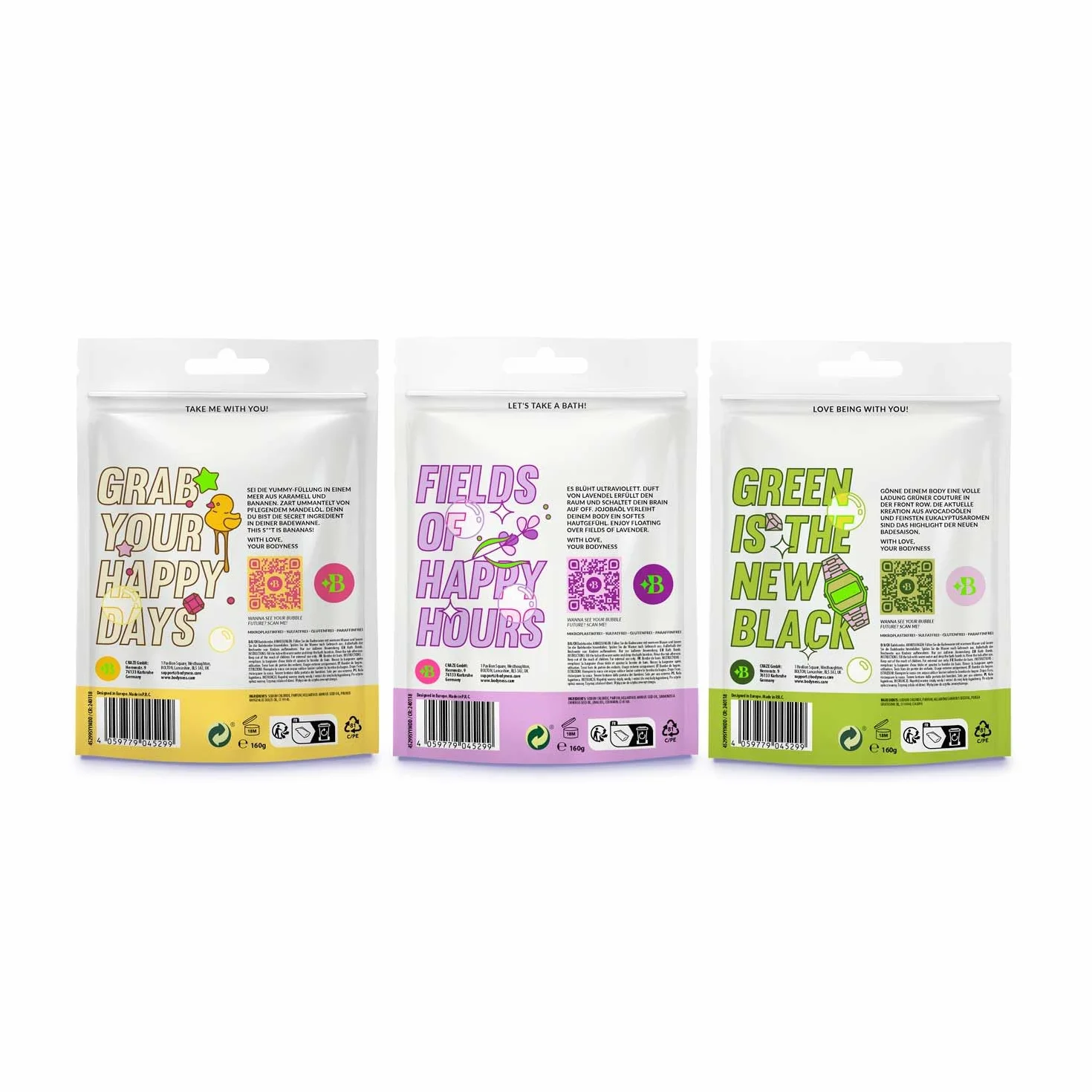 Bodyness Bath Salts – 160 g soli do kąpieli w 3 różnych kolorach i zapachach, dodatek do kąpieli relaksacyjnej
