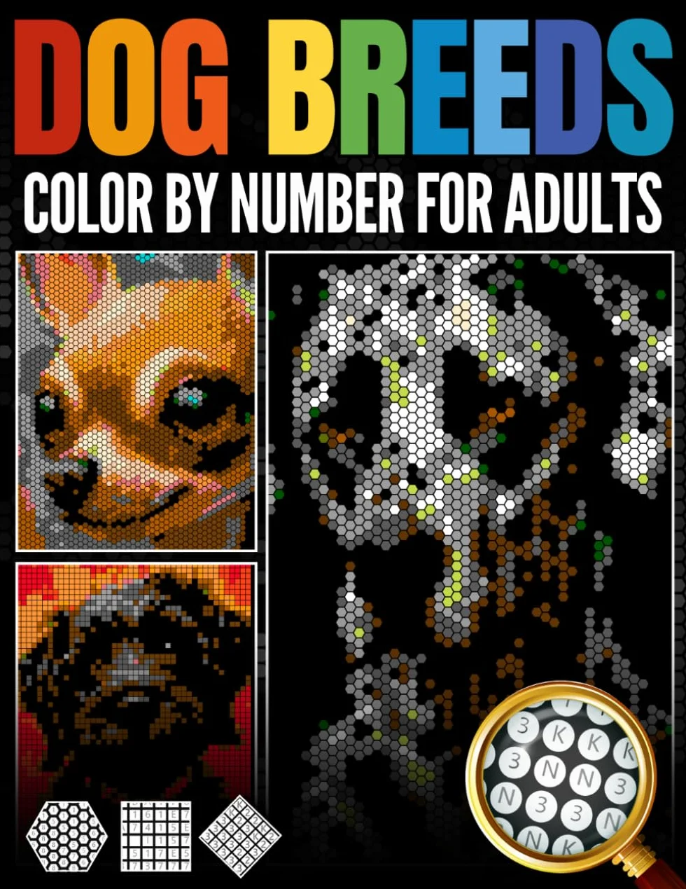 Dog Breeds Color by Number for Adults: 50 Cute Dogs & Puppies — Portraits & Relaxing Coloring Book with Black Background — Pixel Art & Mosaic Designs for Stress Relief and Mindfulness