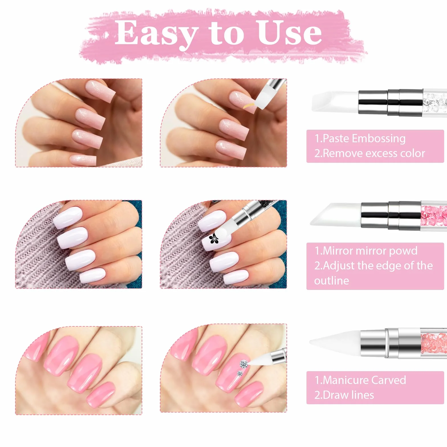 Silikonowe pędzle do paznokci z podwójnym końcem 3 sztuki narzędzia do manicure żel UV