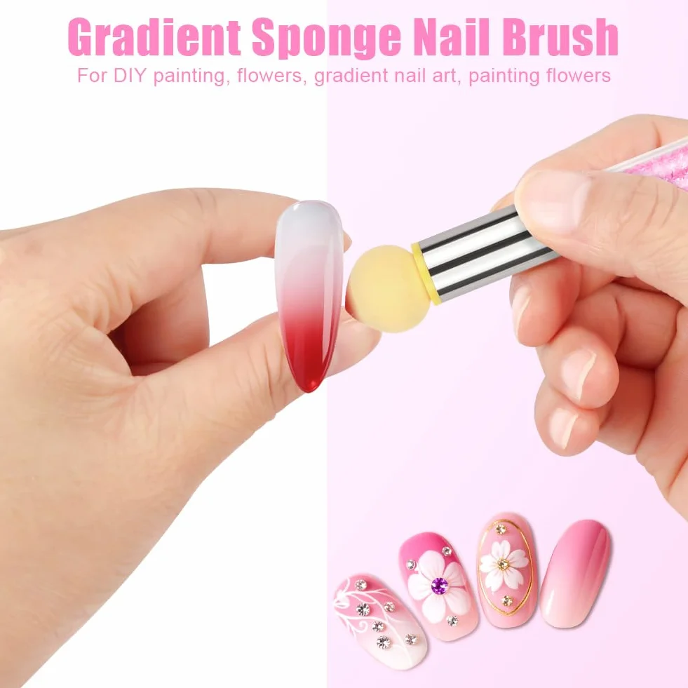 Narzędzia do renderowania paznokci, podwójna głowica Ombre Sponge Stick, gąbka do paznokci i pędzelek do kropek, aplikator gąbki, pędzel do pigmentów, aplikator pigmentowy (w zestawie 4 zapasowe)