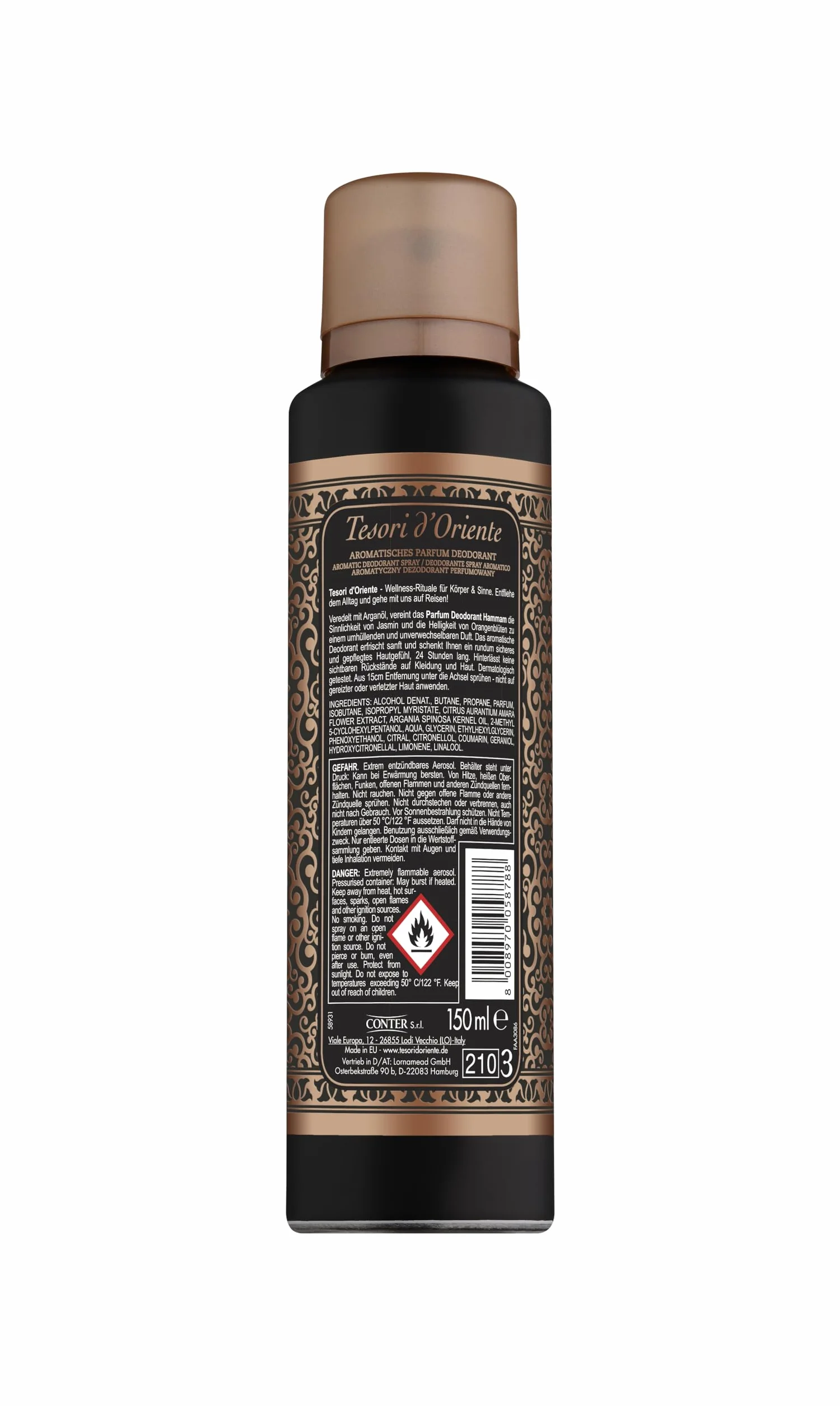 Tesori d'Oriente Perfumowy dezodorant "Hammam", 150 ml, aromatyczny dezodorant w sprayu z olejkiem arganowym i kwiatem pomarańczy, zapach do marzeń, ochrona 24 h, rytuał wellness dla ciała i zmysłów