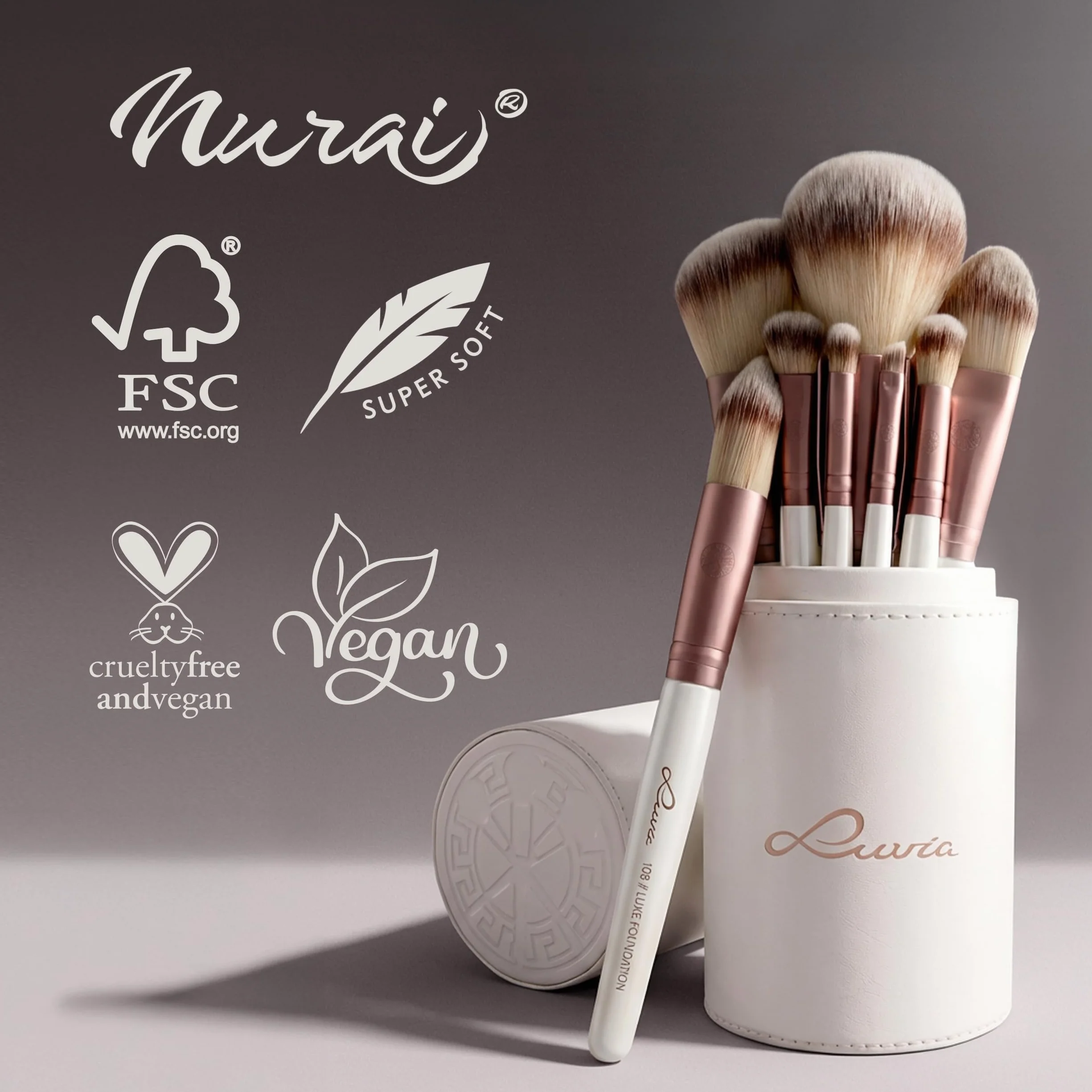 Zestaw pędzli do makijażu Luvia, Prime Vegan, 15 pędzli do makijażu incl. Zestaw Pędzli do Makijażu & Podróżna Torba na Pędzle Kosmetyczne - Profesjonalny Zestaw Pędzli w perłowa biel i kawowy brąz