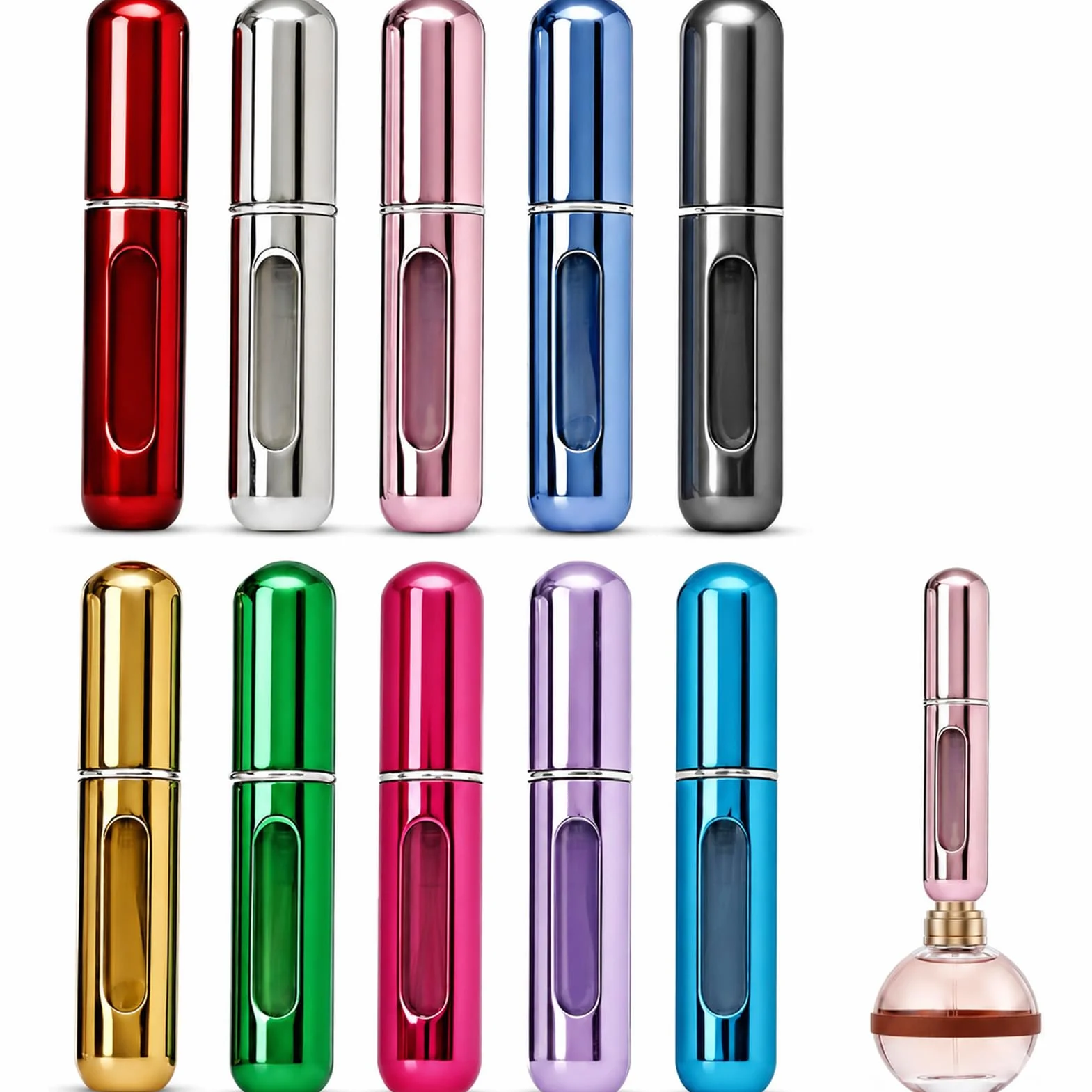 10 Szt. Atomizerów do Perfum, Puste Butelki na Perfumy o Pojemności 5 ml, do Ponownego Napełnienia, Spryskiwacze z Okienkiem Kontrolnym, Wygodne do Noszenia i Podróży