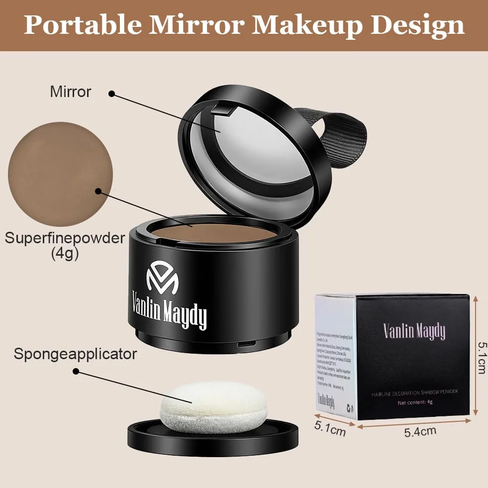 Root Touch Up Powder 4 g, korektor linii włosów, do szarych korzeni i przerzedzających się włosów, odporny na pot i wodę, z lustrem i pudrem, ciemnobrązowy