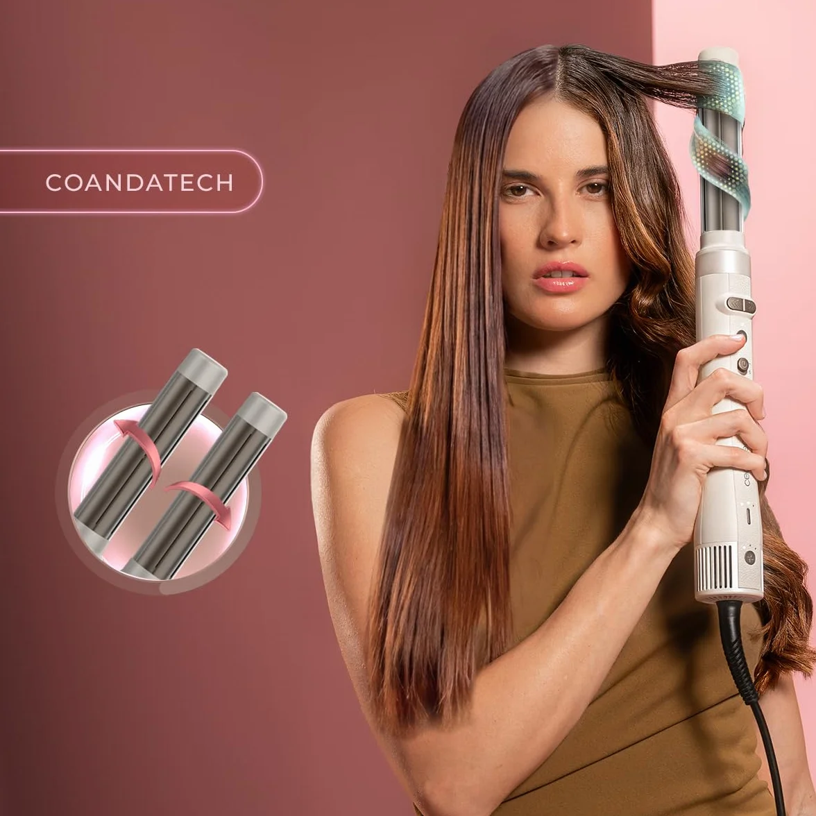 Cecotec 8 głowic CeramicCare 8 w 1 AirGlam Gyro Champagne. 1500W, 110000RPM, wygładzanie, formowanie i kręcenie włosów, silnik szczotkowy, funkcja obrotowa, powłoka ceramiczna i keratynowa