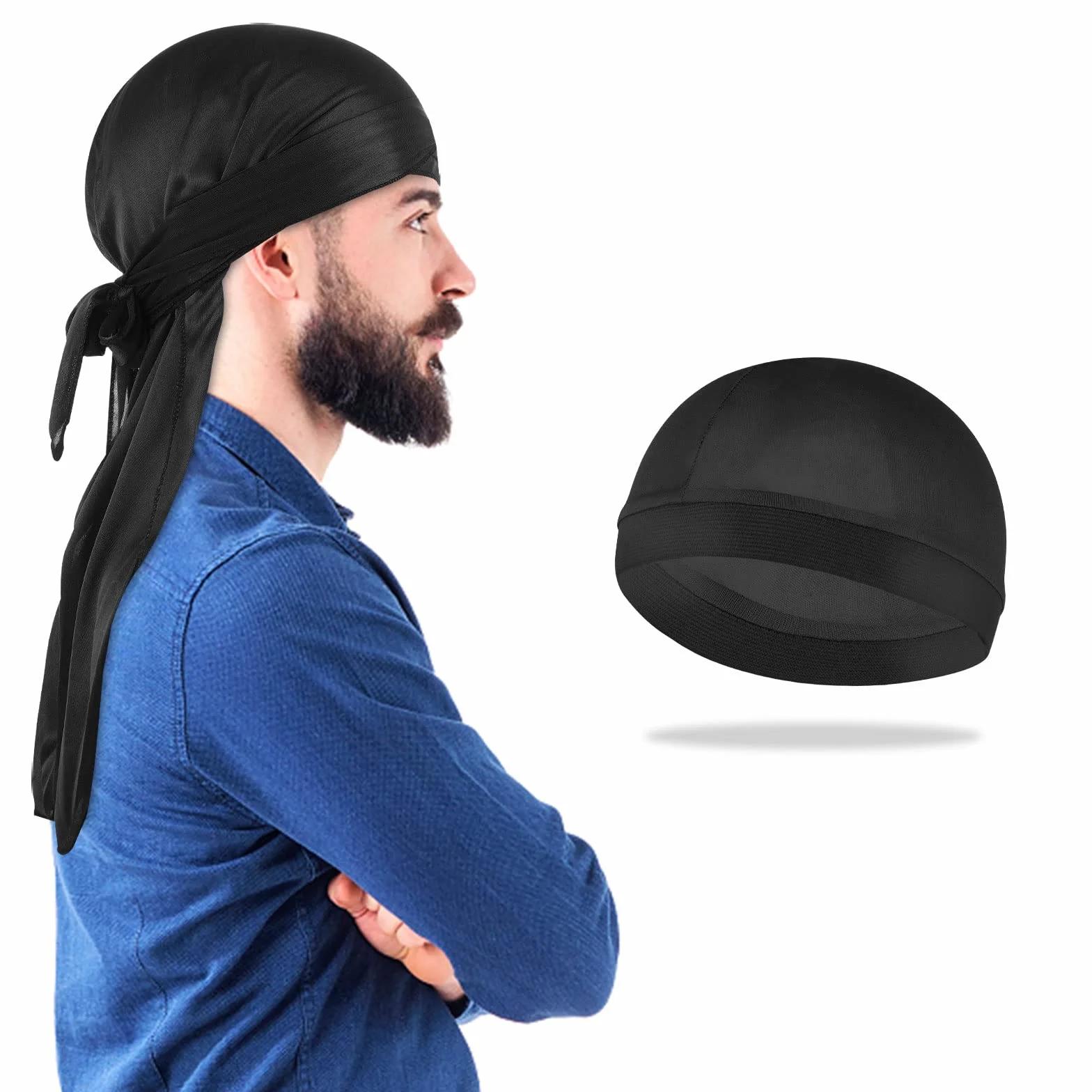 Molain Męskie jedwabne czapki Durag z falowanym wzorem 3+1 sztuk elastyczne oddychające
