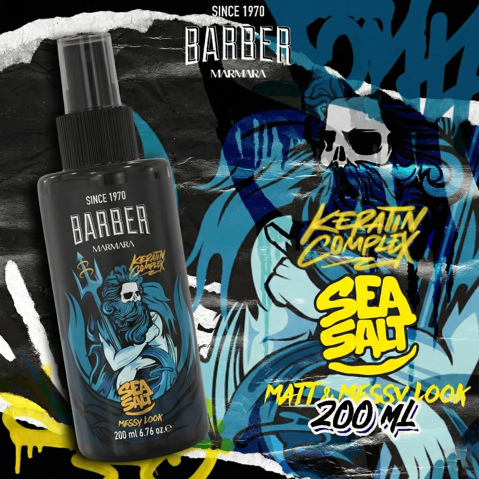 Barber Marmara Spray z solą morską Poseidon 200ml do stylizacji męskich włosów, tekstura, objętość, matowe wykończenie, fale plażowe z aloesem i keratyną.