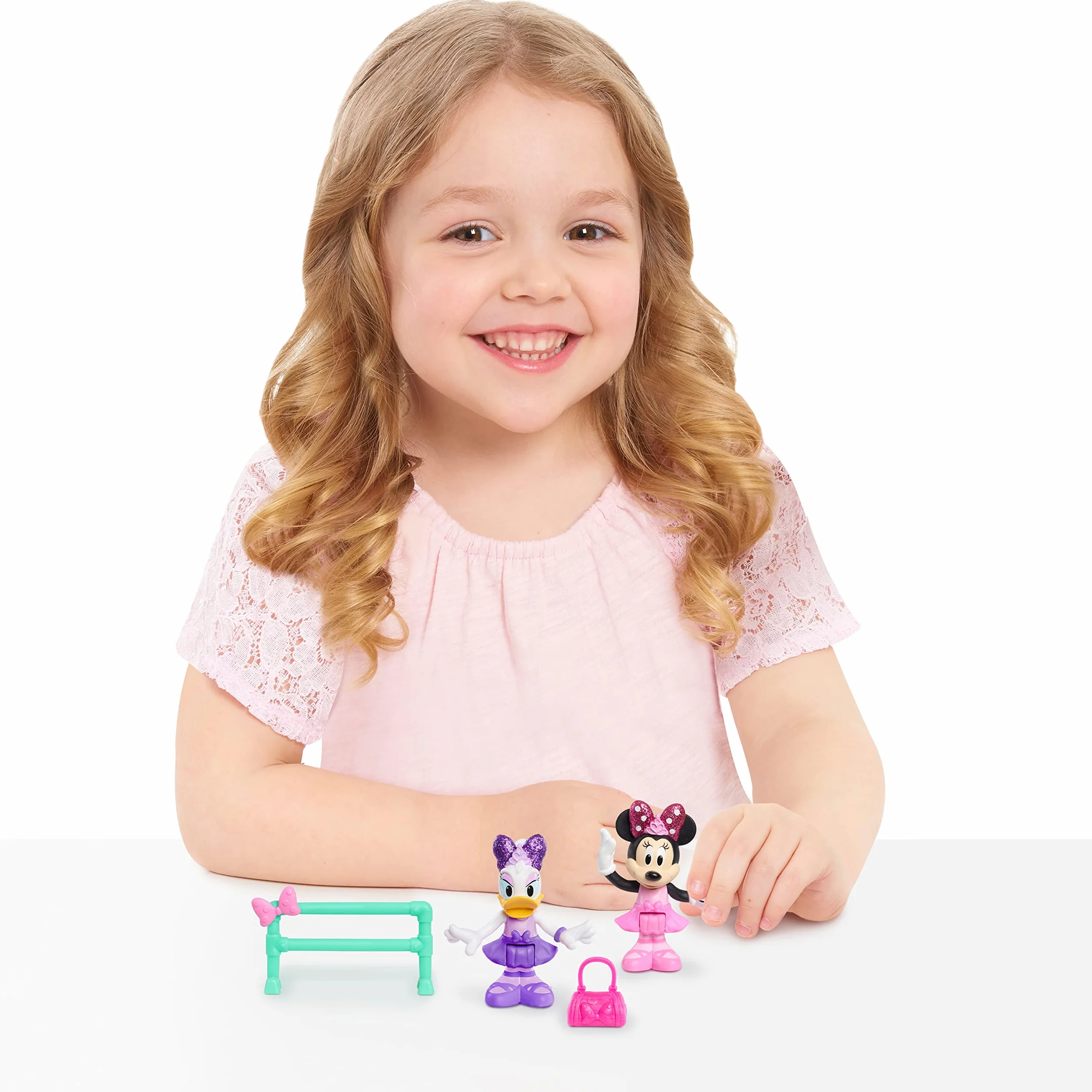 Just Play 89961 Disney Junior ruchome figurki kolekcjonerskie, zestaw do zabawy z torbą i drążkiem, 2-pak, zestaw baleriny Minnie Mouse i Daisy Duck, 5 cm, od 3 lat, wielokolorowy