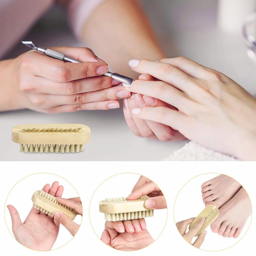 Dwustronna drewniana szczotka do paznokci z włosia dzika do manicure i pedicure