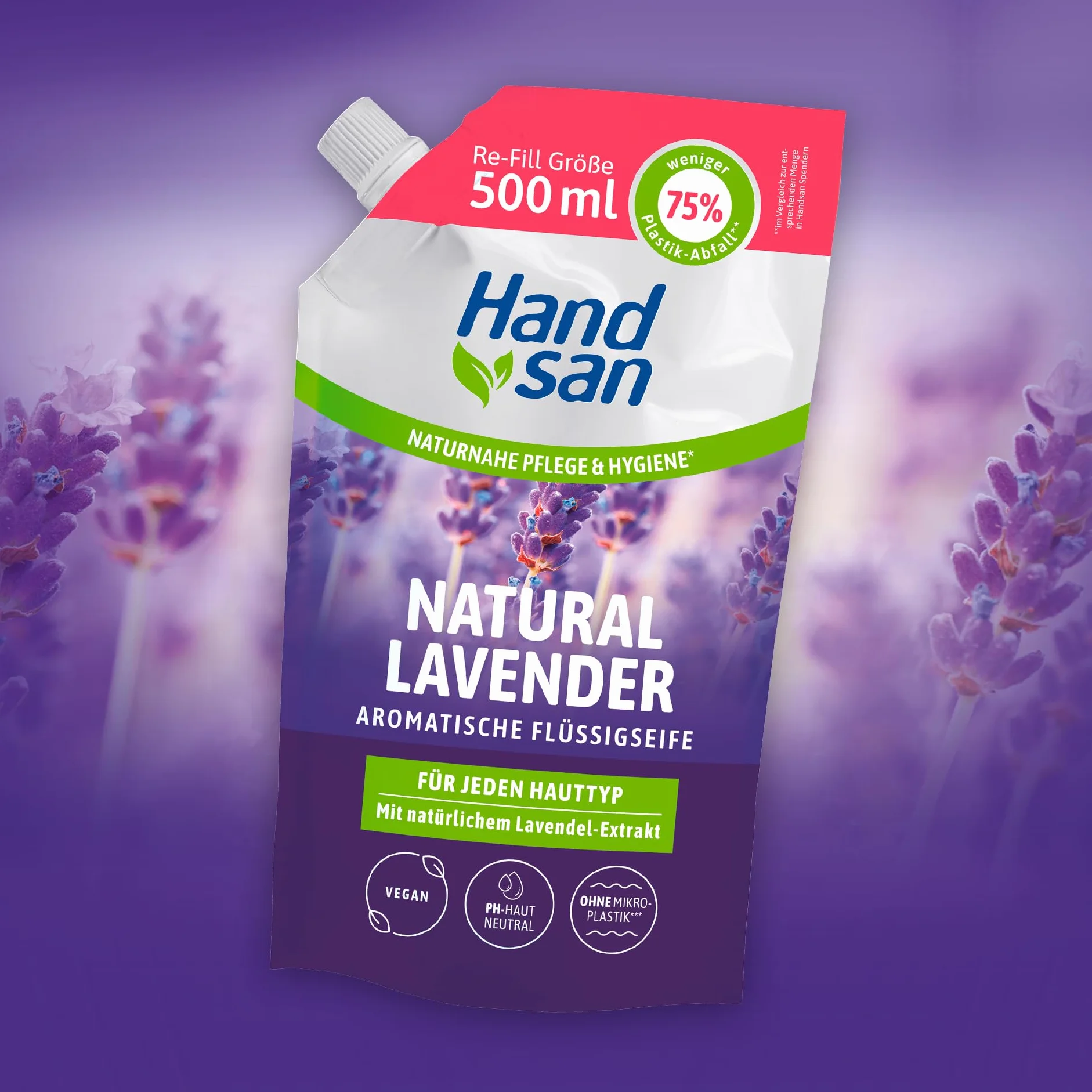 Hand san Mydło w płynie Natural Lavender w woreczku uzupełniającym | z naturalnym olejkiem lawendowym | mycie rąk i oczyszczanie twarzy | receptura bez mikroplastiku | neutralne pH i wegańskie | 500