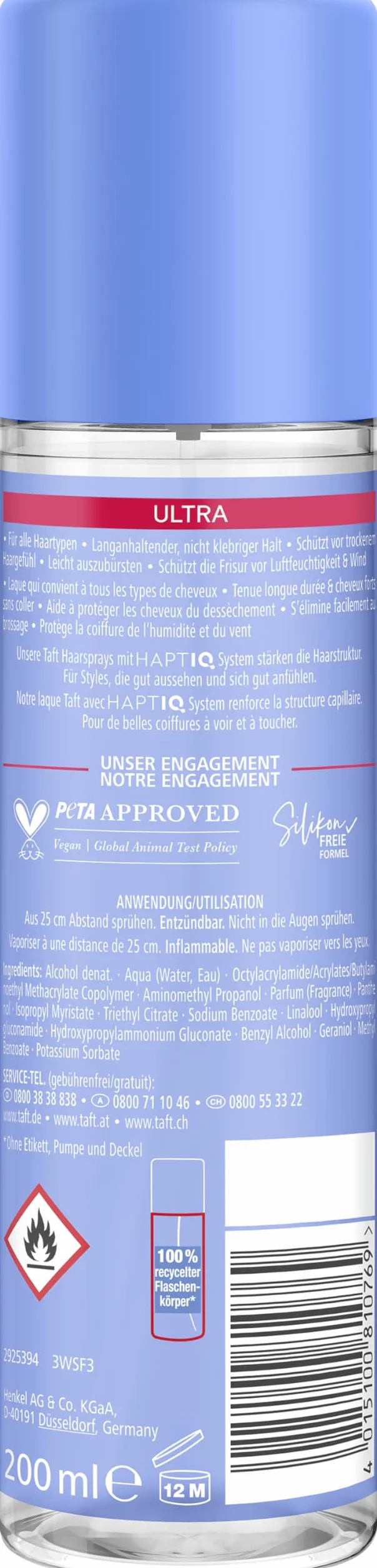 Schwarzkopf TAFT Ultra Fixier lakier do włosów, 200 ml), stopień utrwalenia 4, lakier do włosów odpowiedni do wszystkich rodzajów włosów, wzmocniony spray do stylizacji włosów, formuła wegańska*
