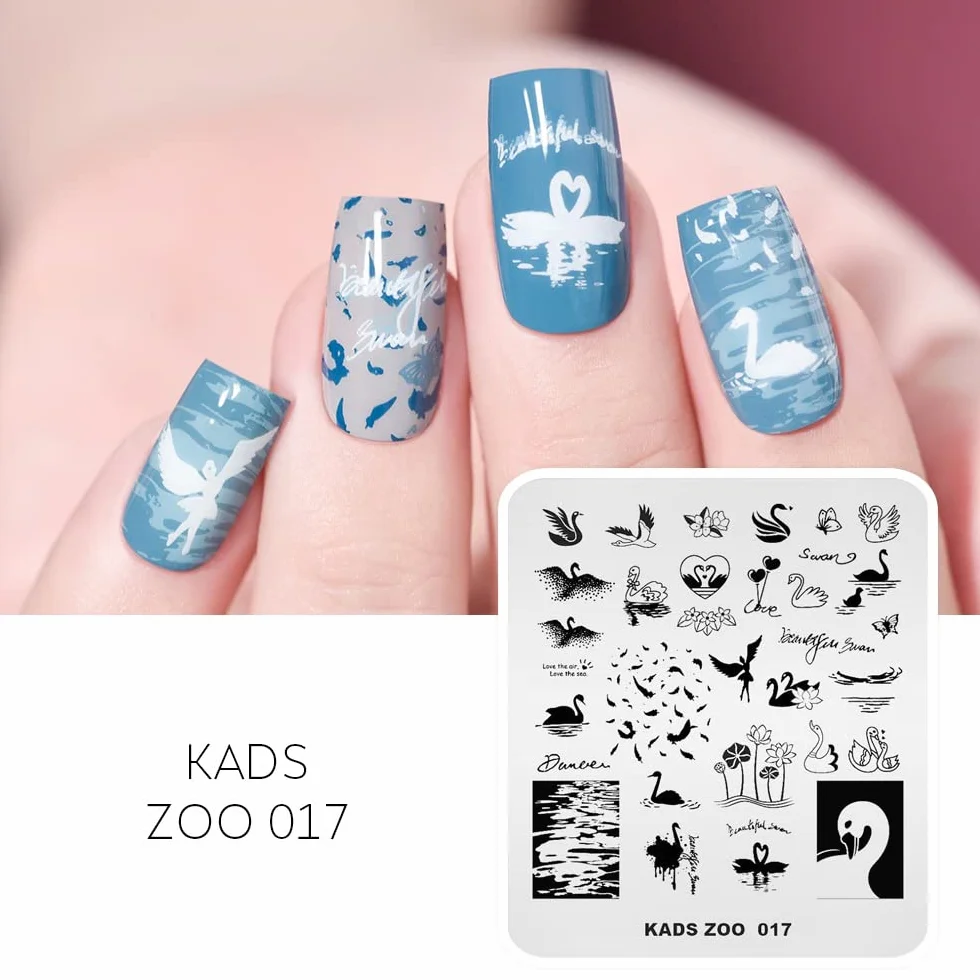 KADS Płytki do stemplowania paznokci zestaw stempli geometria łabędź 2 szablony + 1 silikonowy stempel