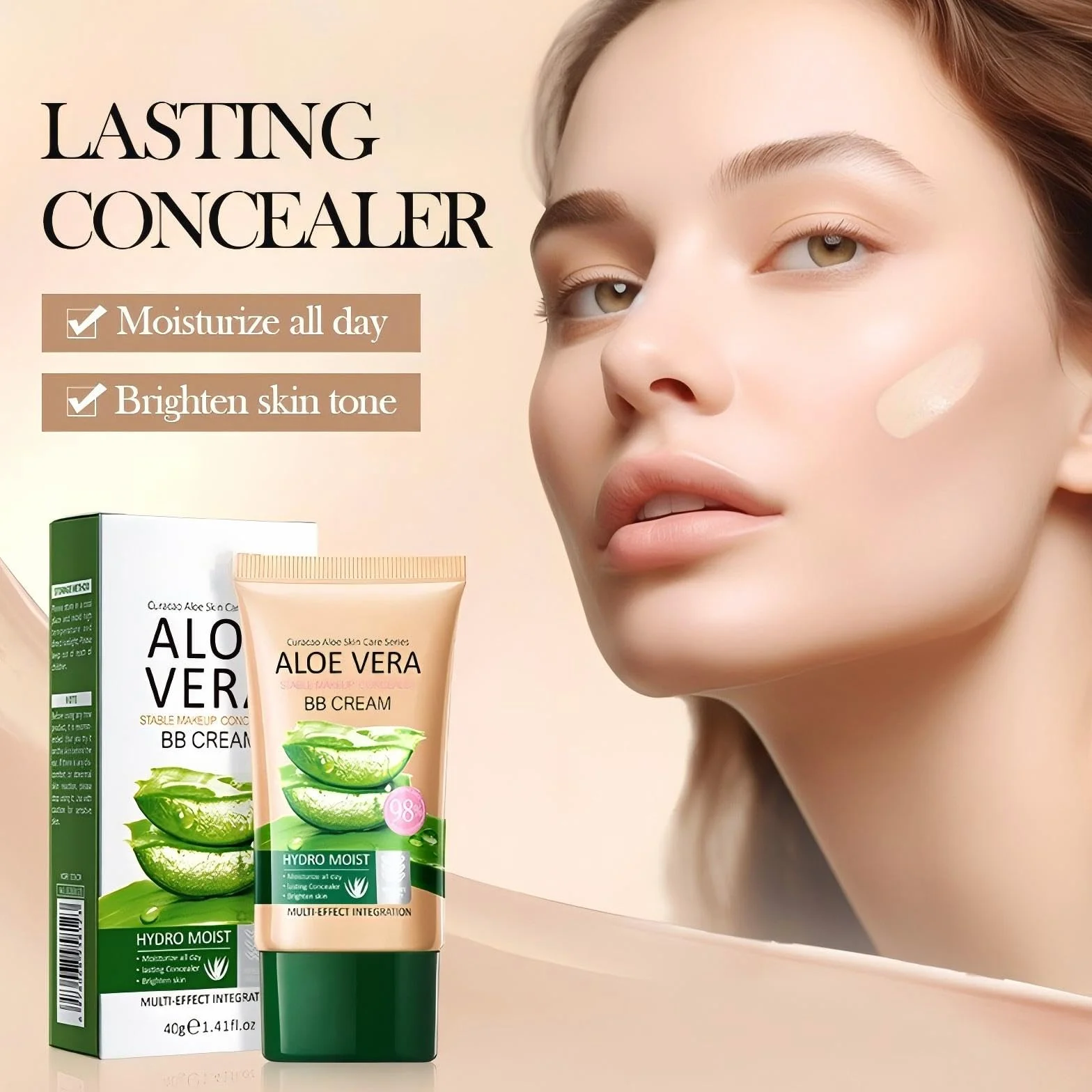 Aloe Vera krem BB do makijażu, korektor, długotrwały i kryjący, kojący skórę, matujący, dla uzyskania idealnej cery, wegański i testowany dermatologicznie (kość słoniowa)