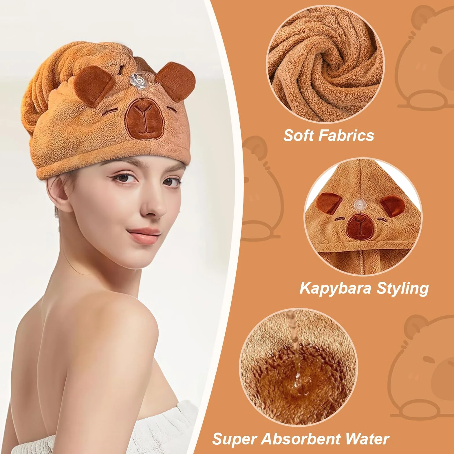 Ręcznik do włosów z mikrofibry szybkoschnący turban Capybara super chłonny z guzikiem dla kobiet długie włosy
