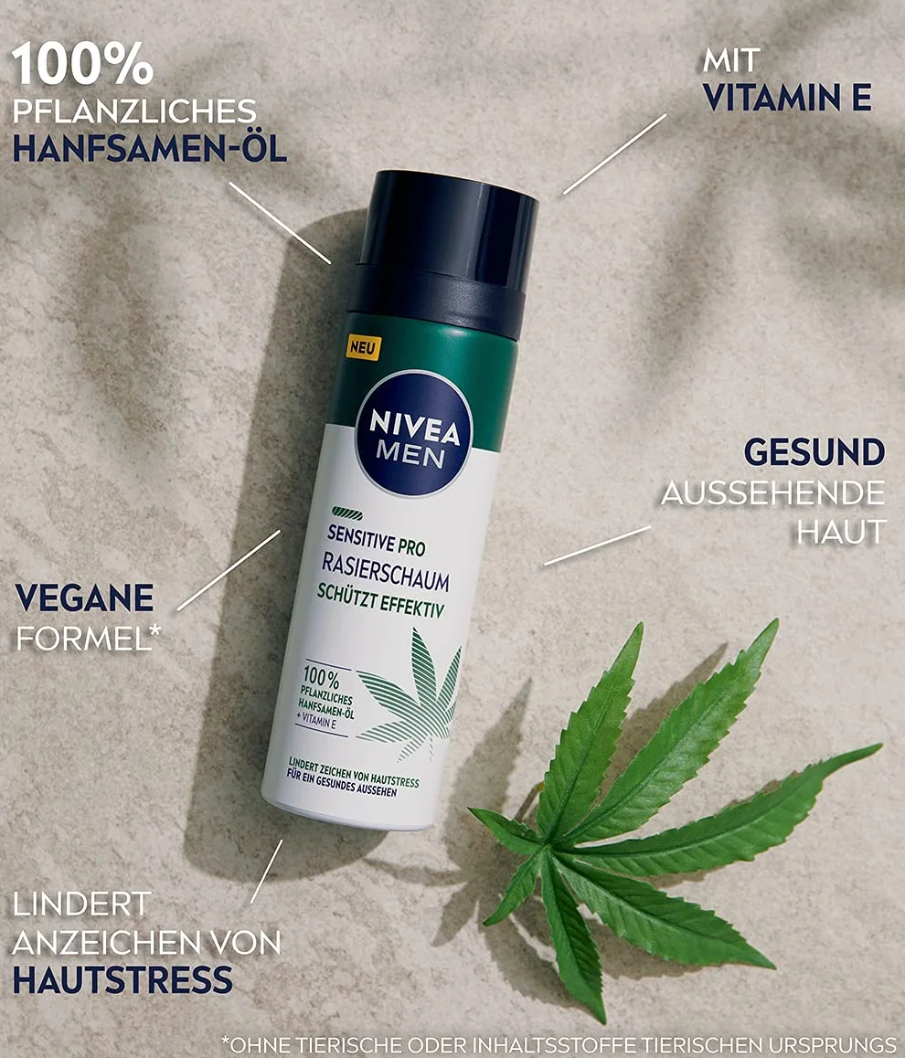 NIVEA MEN Sensitive Pro pianka do golenia (200 ml), delikatna pianka do golenia z olejkiem z nasion konopi i witaminą E, ochrona przed podrażnieniami skóry, zapewnia delikatne i gładkie golenie