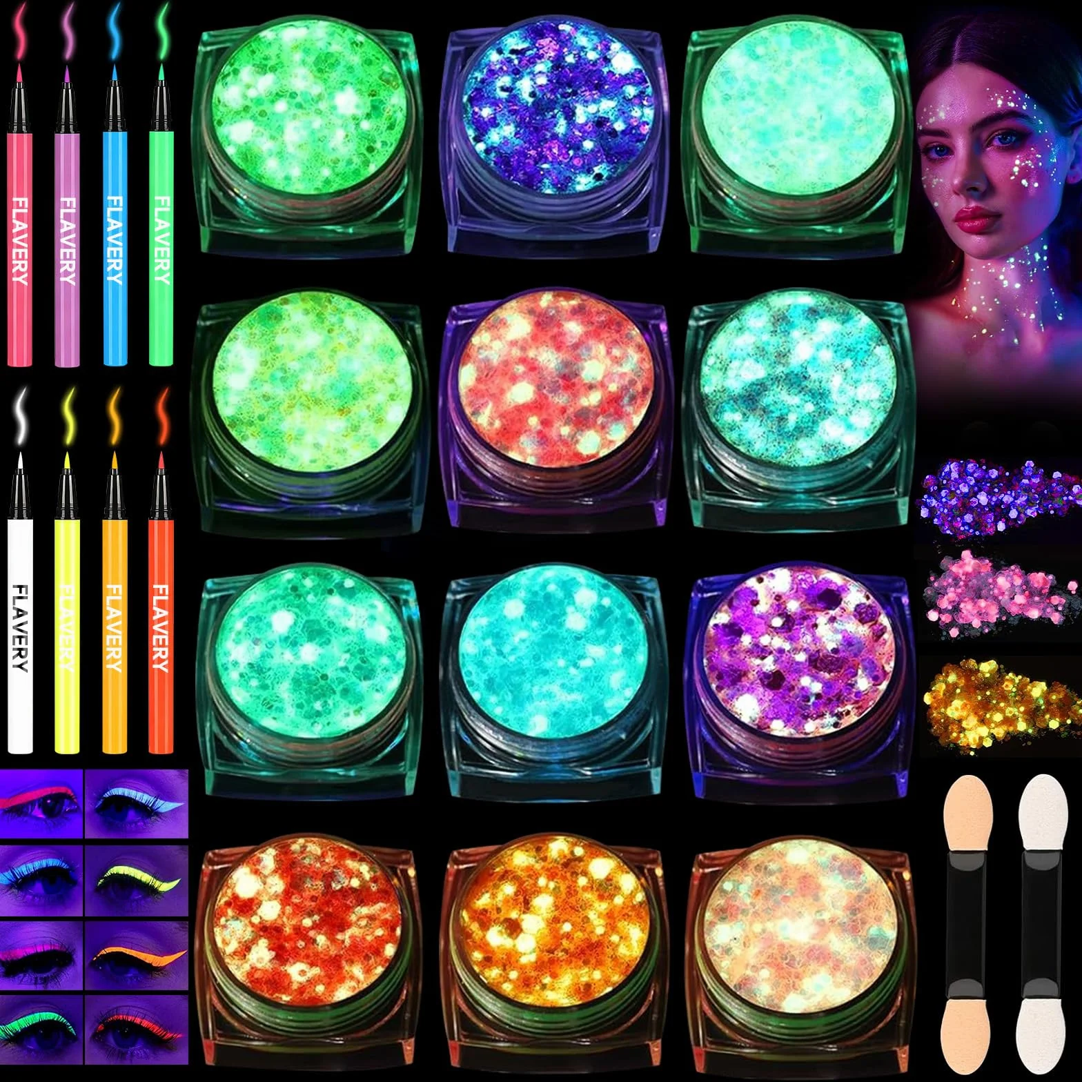 Festiwal brokatowa twarz, 12 kolorów, fluorescencyjna sekwencja i 8 eyelinerów, brokatowe akcesoria do włosów, brokat, festiwal, brokat do twarzy, karnawał, brokat do ciała