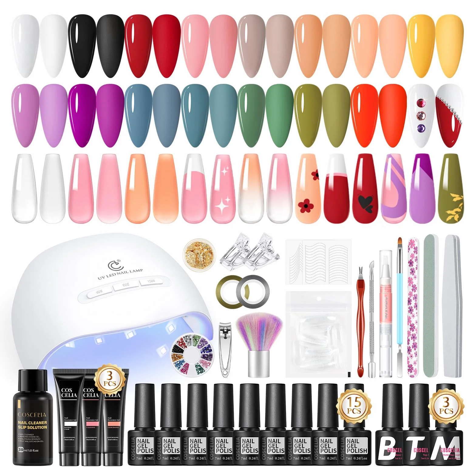 COSCELIA Zestaw lakierów do paznokci UV z lampą, 15 kolorów, żelowy lakier do paznokci UV i 3 kolory, zestaw do paznokci żelowych, zestaw startowy Base Coat Top Coat