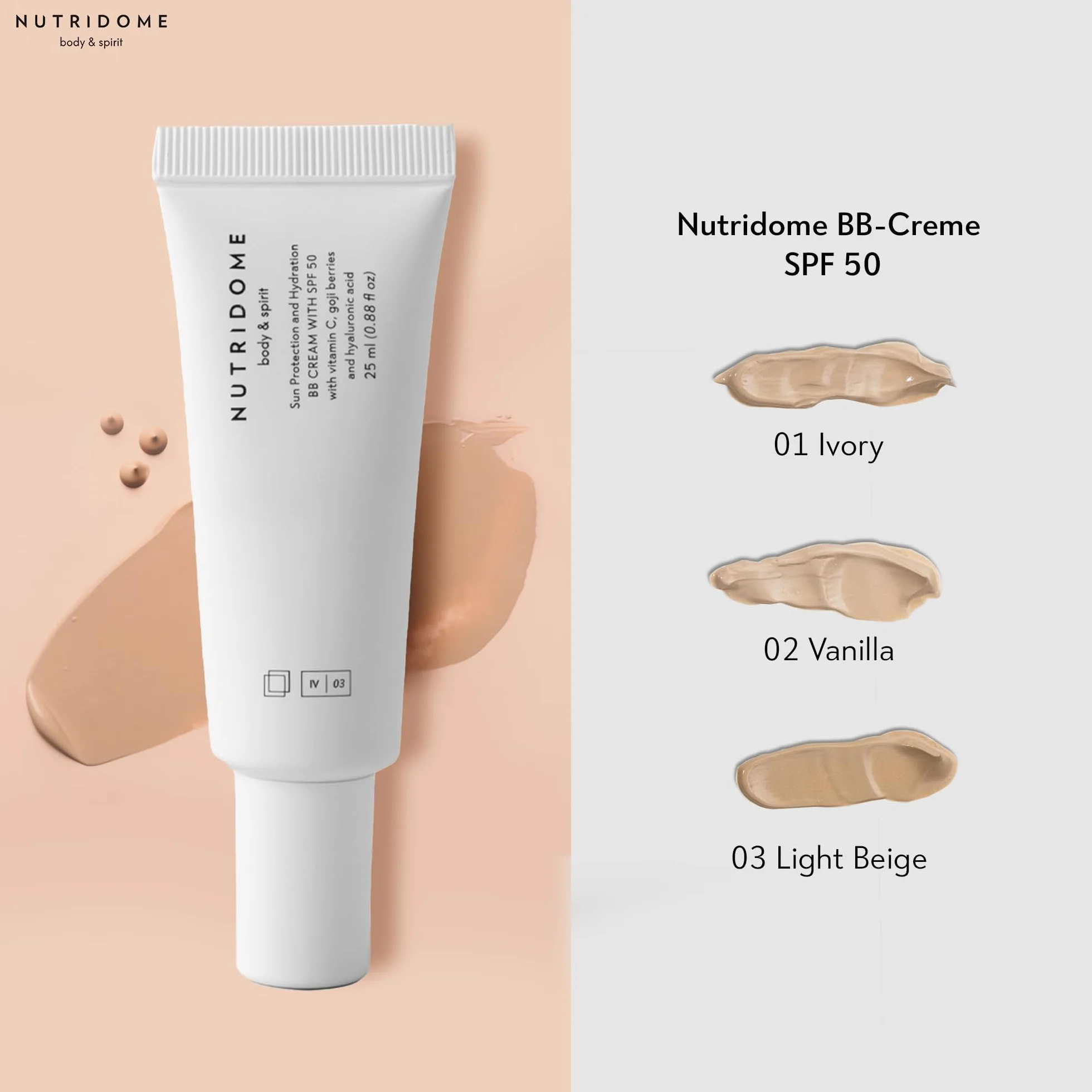 Nutridome | Krem do twarzy BB | SPF50 | Kwas hialuronowy | Wit. C | Skwalan | Oleje roślinne | Chroni przed UV | Kryje drobne niedoskonałości | Wyrównuje koloryt | Kolor: Ivory | 25 ml