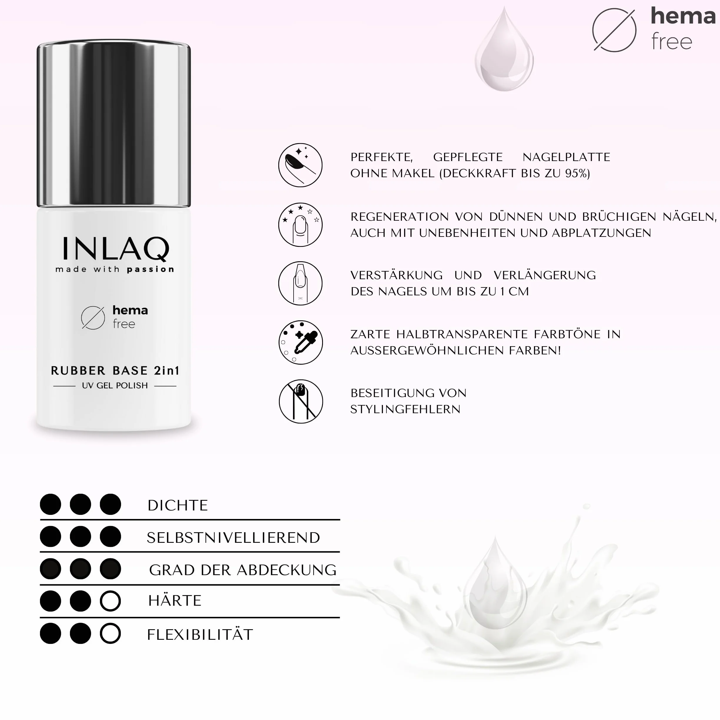 INLAQ 2 w 1 Rubber Base Gel UV HEMA Free Blush 6 ml – Żelowy Lakier do Paznokci, Twardy Żel Bazowy