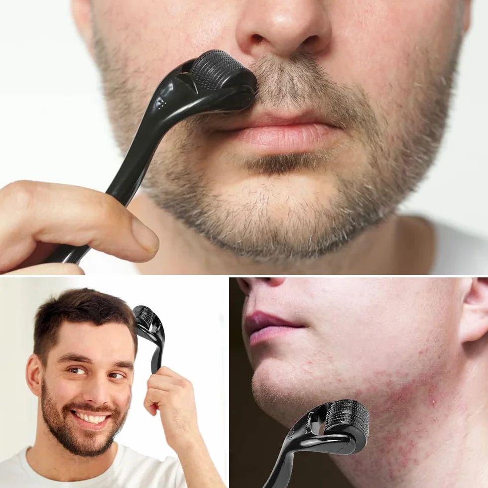 Derma Roller 1 mm 1,5 mm, wałek do mikroigłowania, wałek do brody, z 540 igłami, mikroigły, derma roller dla mężczyzn i kobiet, pielęgnacja włosów, twarzy i ciała, rozstępy, czarne