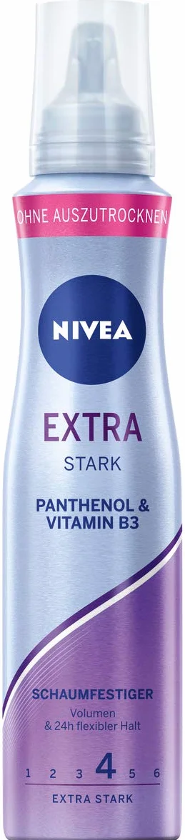 NIVEA Bardzo mocna pianka do włosów (150 ml), pielęgnująca pianka do włosów z pantenolem i witaminą B3, niezawodna pianka objętościowa do stylizacji z utrzymaniem przez 24 h