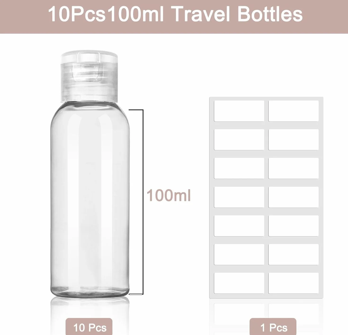 10 szt. 100 ml butelek podróżnych do toalet, plastikowe butelki ściskane z klapką z etykietami do szamponu, balsamu
