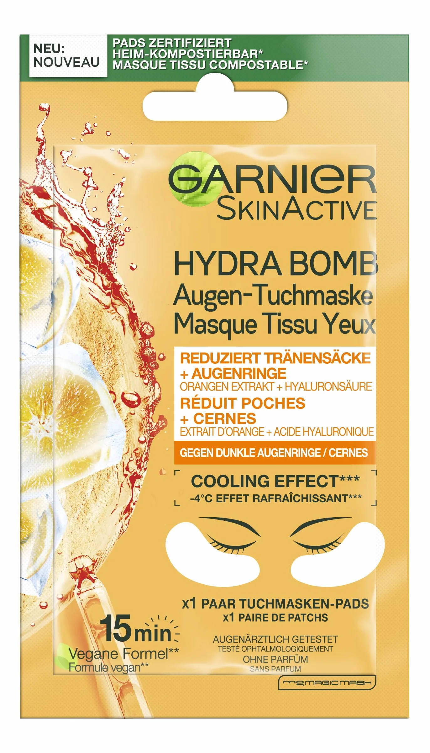 Garnier Nawilżająca cień oczu maska z tkaniny do oczu - Redukcja worków łzowych - wegańska formuła z ekstraktem z pomarańczy i kwasem hialuronowym Hydra Bomb, 6 g