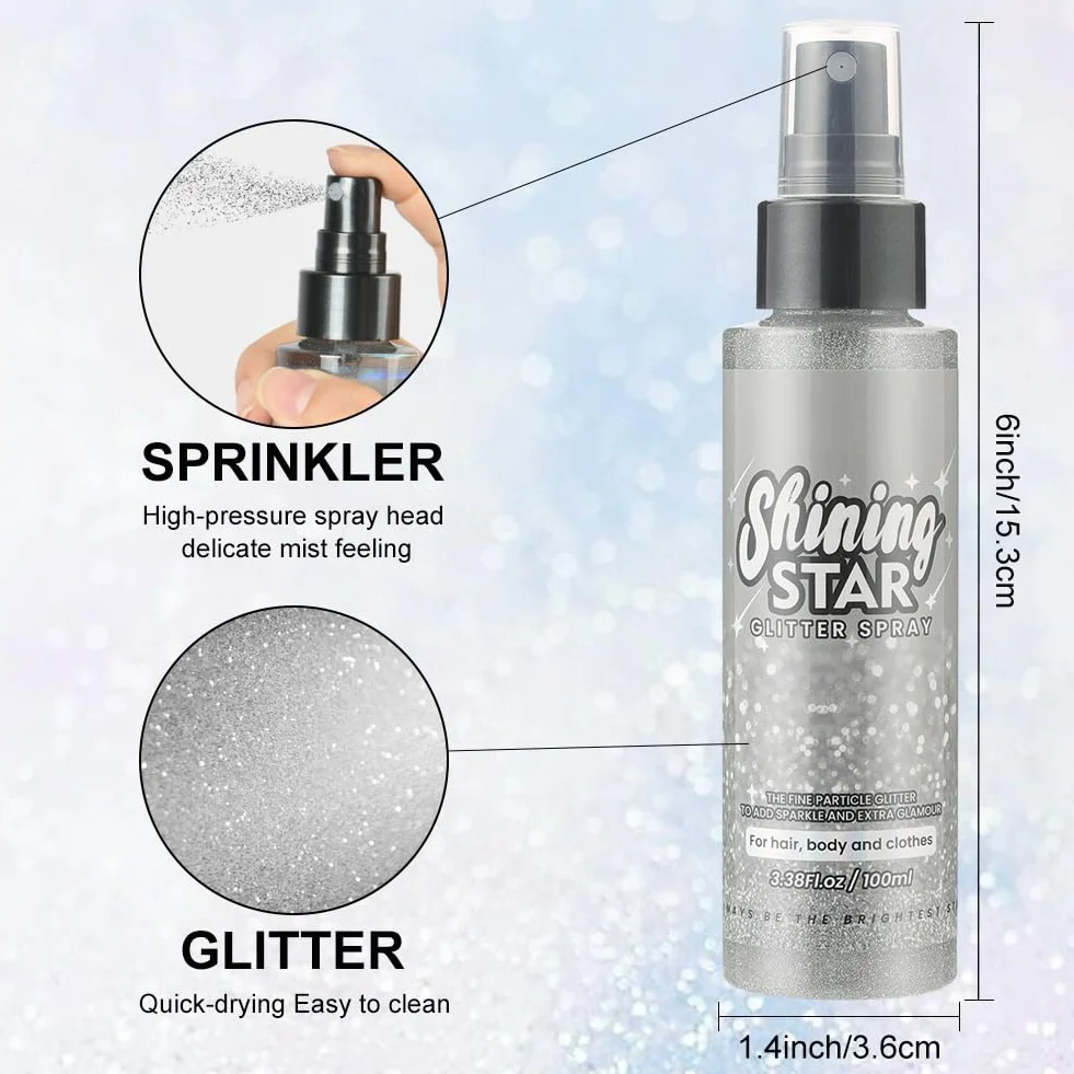 LOPHE Brokatowy Spray do Włosów i Ciała - 100 ml, Srebrny na Boże Narodzenie i Imprezę Rave (1 Sztuka)