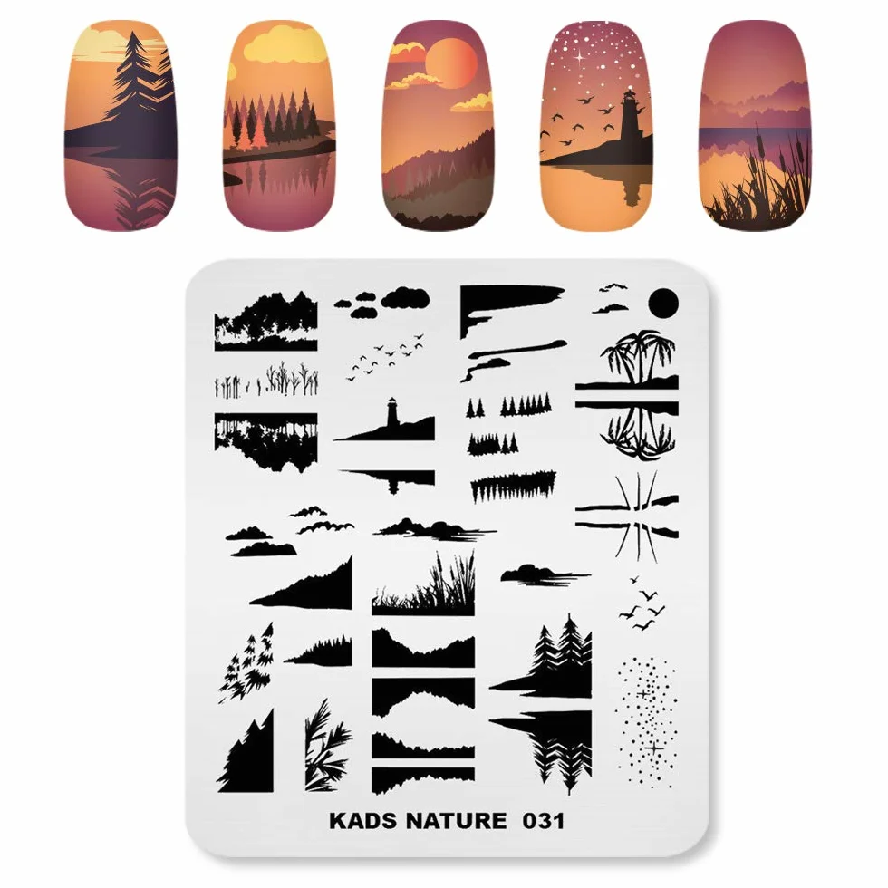Tłoczenie paznokci talerz obraz szablon natura sceneria zachód słońca gwiaździste niebo drzewo kokosowe jezioro odbicie wzory stempel zdobienie paznokci dekoracja DIY manicure design narzędzie do drukowania