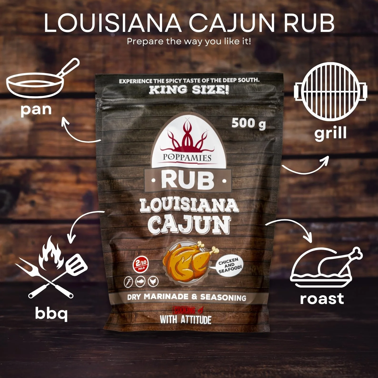 Poppamies Louisiana Cajun BBQ Rub - 100% naturalna przyprawa do grilla - Sucha marynata i przyprawy do kurczaka i owoców morza - duże opakowanie 500g
