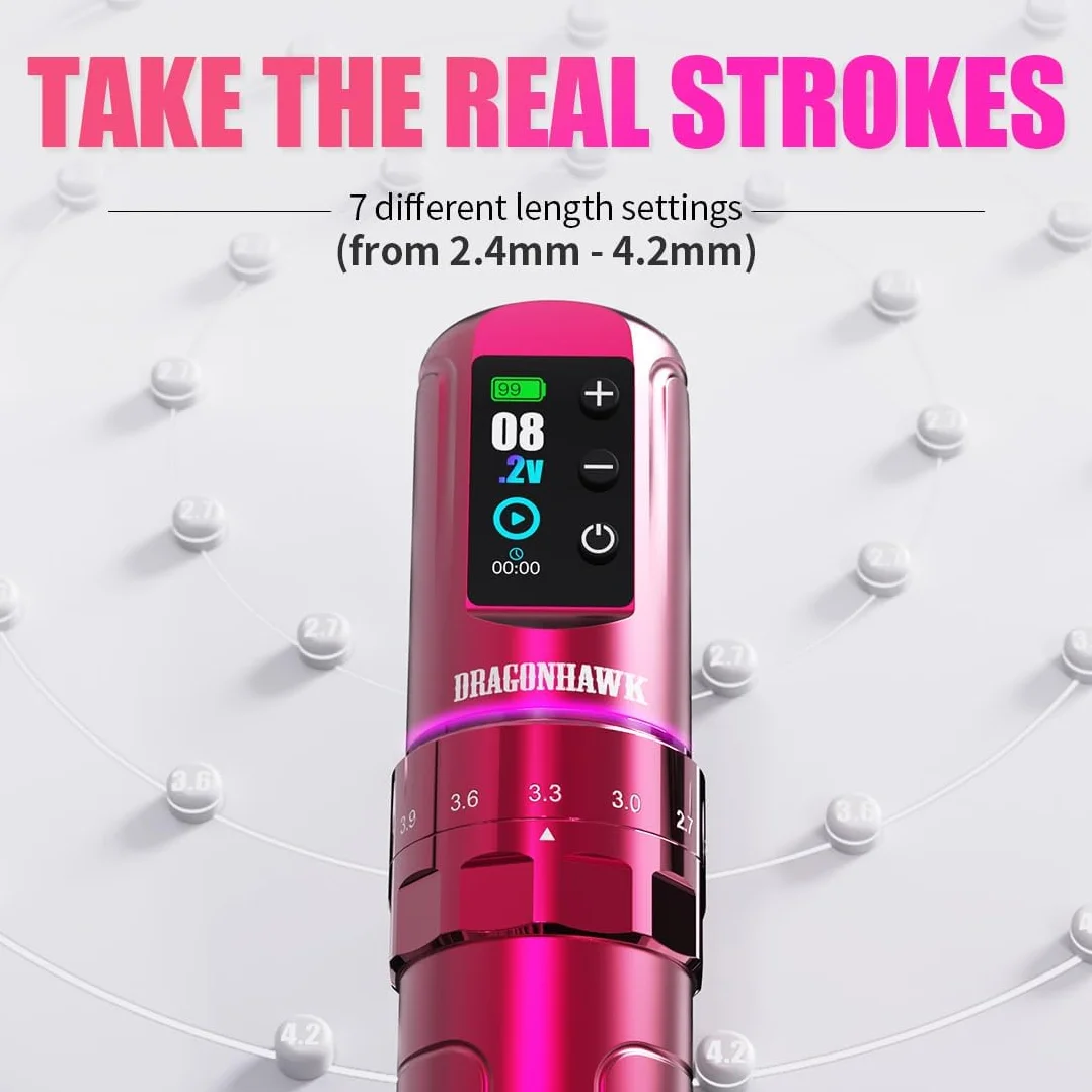 Dragonhawk L3 Tattoo Kit Cordless Cord Complete Tattoo Gun Pen Machine 7 Strokes Length 2 Batteries 2000mAh Power Supply with Rca Jack Pro Tattoo Needles for Beginner Pink
