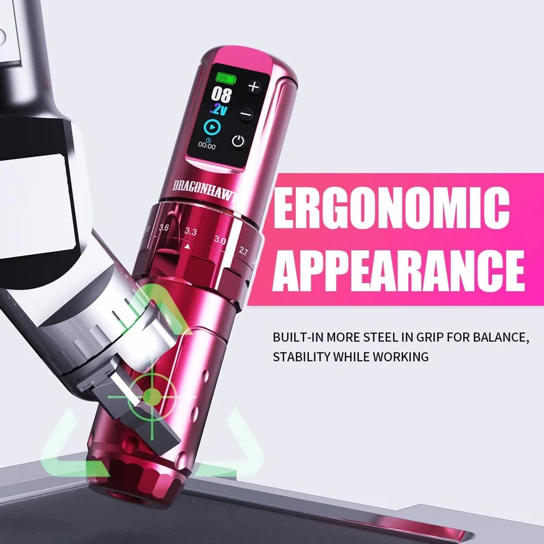 Dragonhawk L3 Tattoo Kit Cordless Cord Complete Tattoo Gun Pen Machine 7 Strokes Length 2 Batteries 2000mAh Power Supply with Rca Jack Pro Tattoo Needles for Beginner Pink