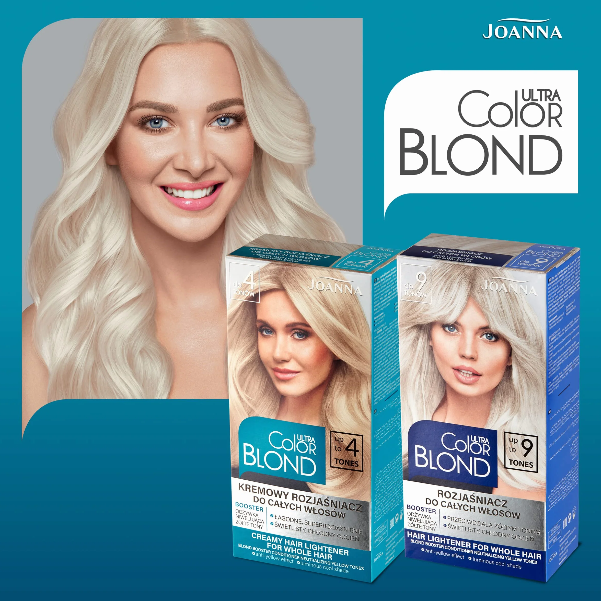 JOANNA Ultra Color Blond rozjaśniacz do włosów, rozjaśnianie włosów, do 9 odcieni, długotrwały połysk i czystość koloru blond, do pasemek i balejażu, chłodny odcień