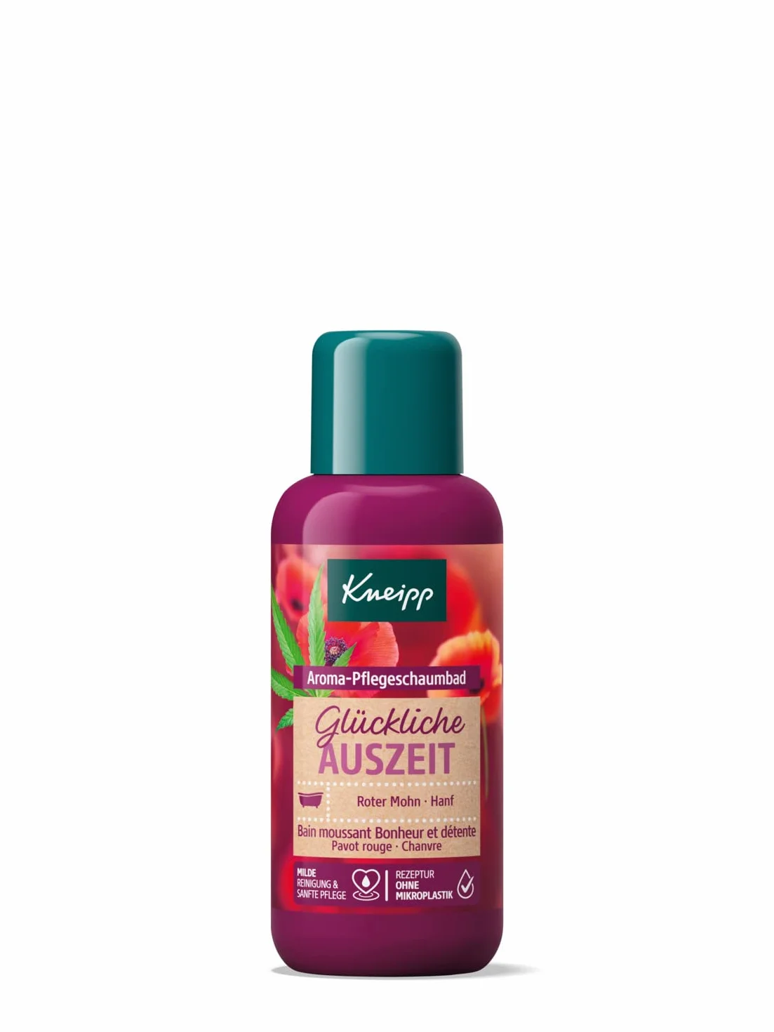 Kneipp Aromatyczna kąpiel z pianki pielęgnacyjnej Happy Auseit rozmiar podróżny – dodatek do kąpieli z naturalnymi olejkami z czerwonego maku i konopi – nastrojowy zapach – zapewnia miękkie i