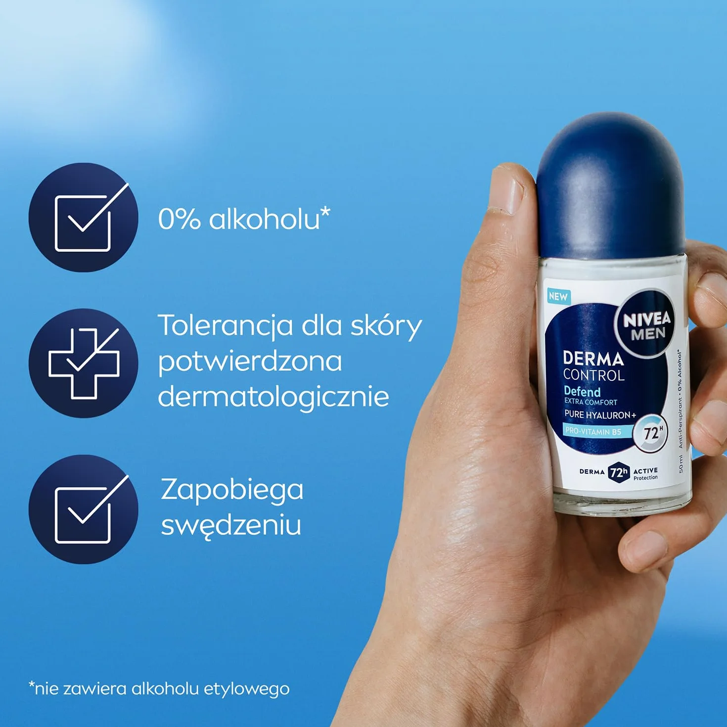 NIVEA MEN Derma Control Defend Antyperspirant dla mężczyzn roll on - 72h ochrony z kwasem hialuronowym i prowitaminą B5, 50 ml