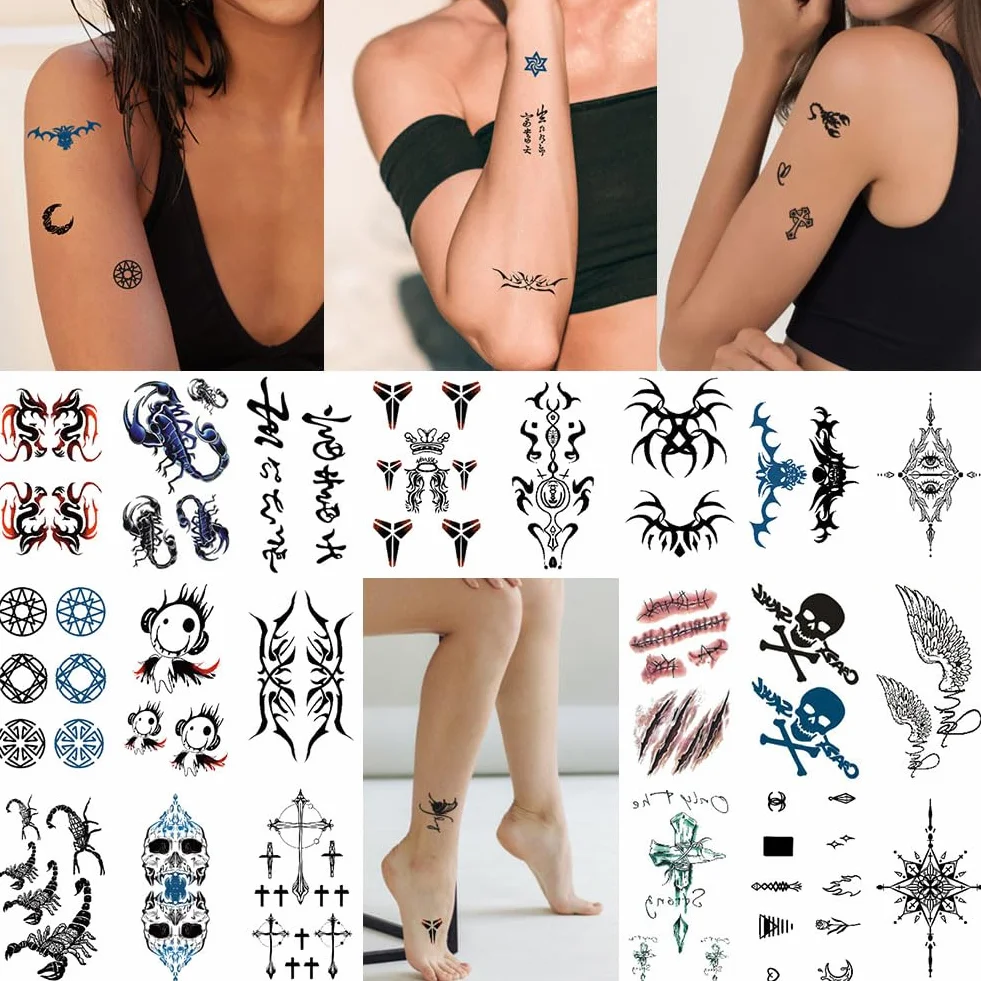 AOOWU Tymczasowe tatuaże, 60 arkuszy 3D, realistyczne symbole krzyża szkieletu, tatuaż, kwiat, naklejka, wodoodporne sztuczne tatuaże dla dzieci, dorosłych, mężczyzn i kobiet, czarny, mały, sztuczny