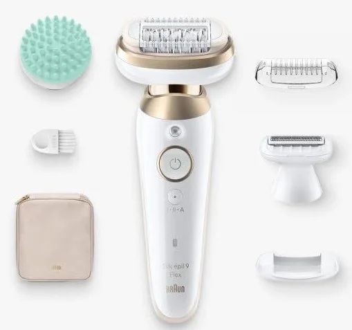 Braun Silk-épil 9 Flex, depilator damski/depilator do długotrwałego usuwania włosów, nasadka do golenia, nakładka do masażu, Made in Germany, 9-071 3D, biały/złoty