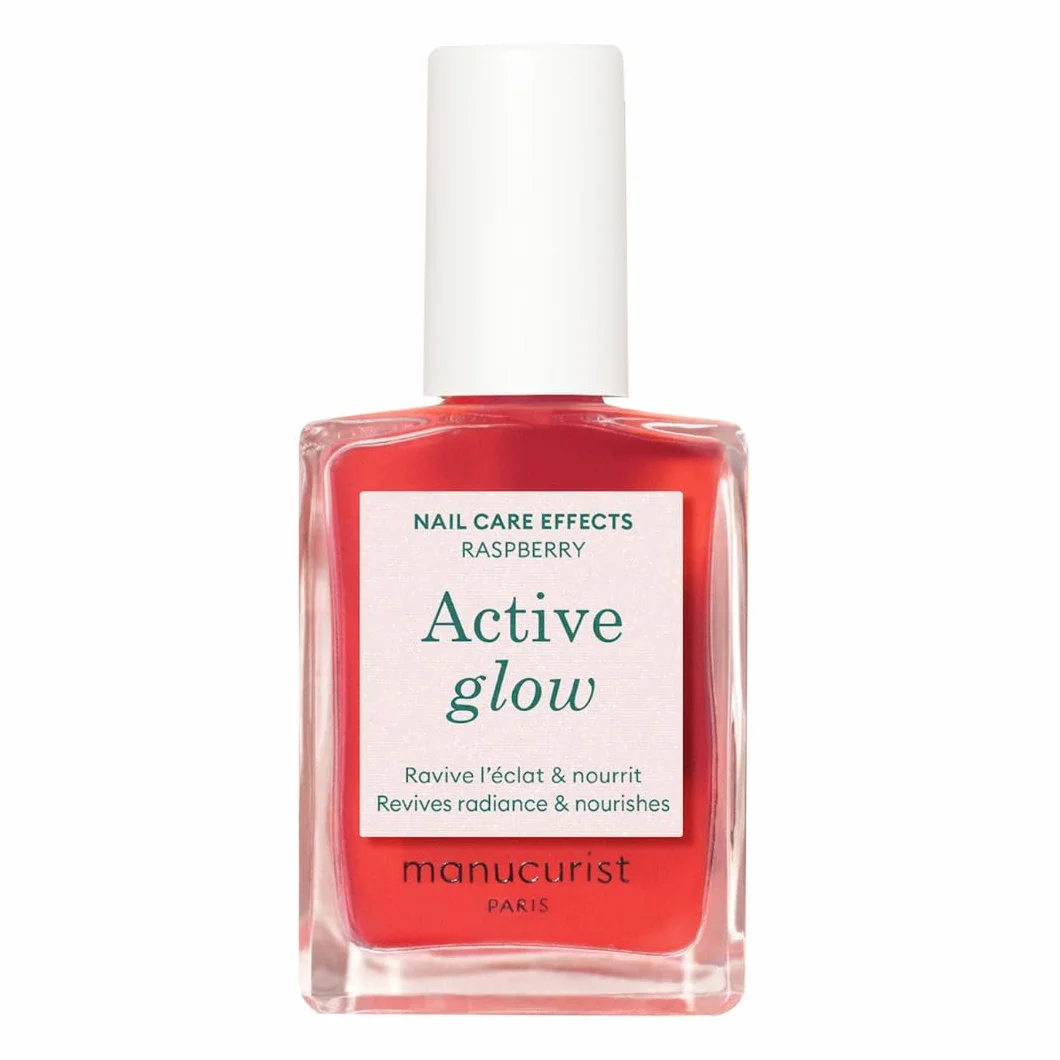 Manucurist Active Glow Pielęgnujący biolakier do paznokci, różowy (Raspberry) słodki migdał, malina, odżywczy i błyszczący lakier do paznokci, przezroczysty róż, lakier Nude