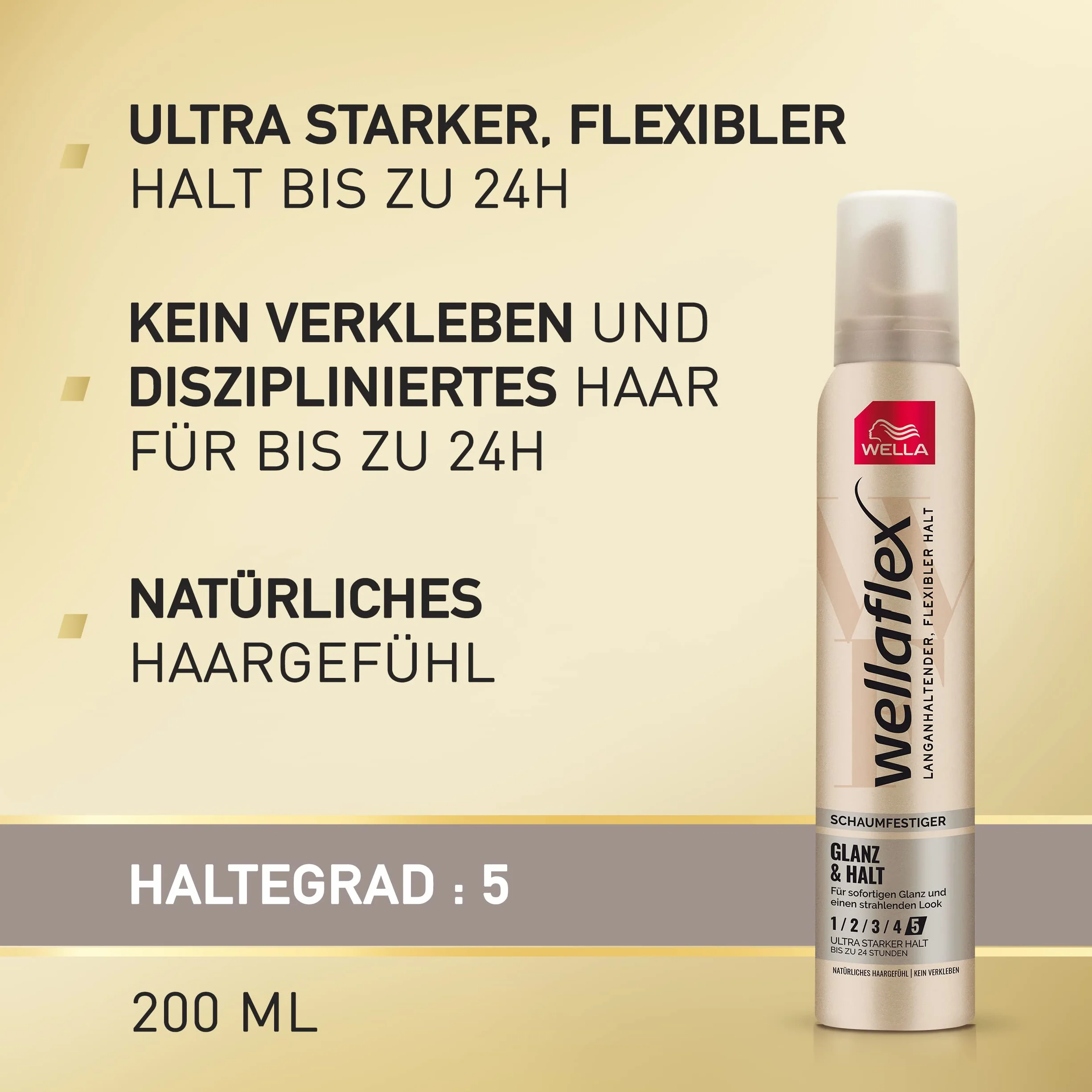 Wella flex Foam festiger Shine & Hold pianka do włosów zapewnia mocne trzymanie przez 24 godziny bez sklejania – przyjazna dla skóry głowy, formuła bez silikonu zapewnia więcej połysku włosów – z